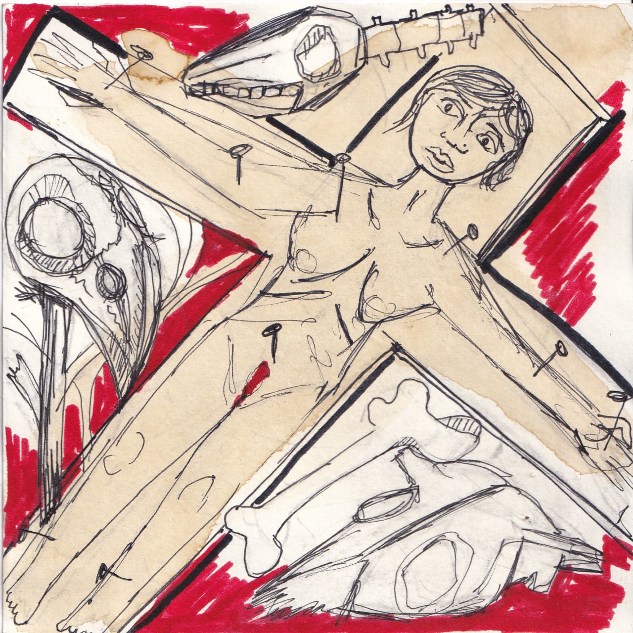Drawing from Hope Mokded's series From Exile to Asylum — figure in red wash