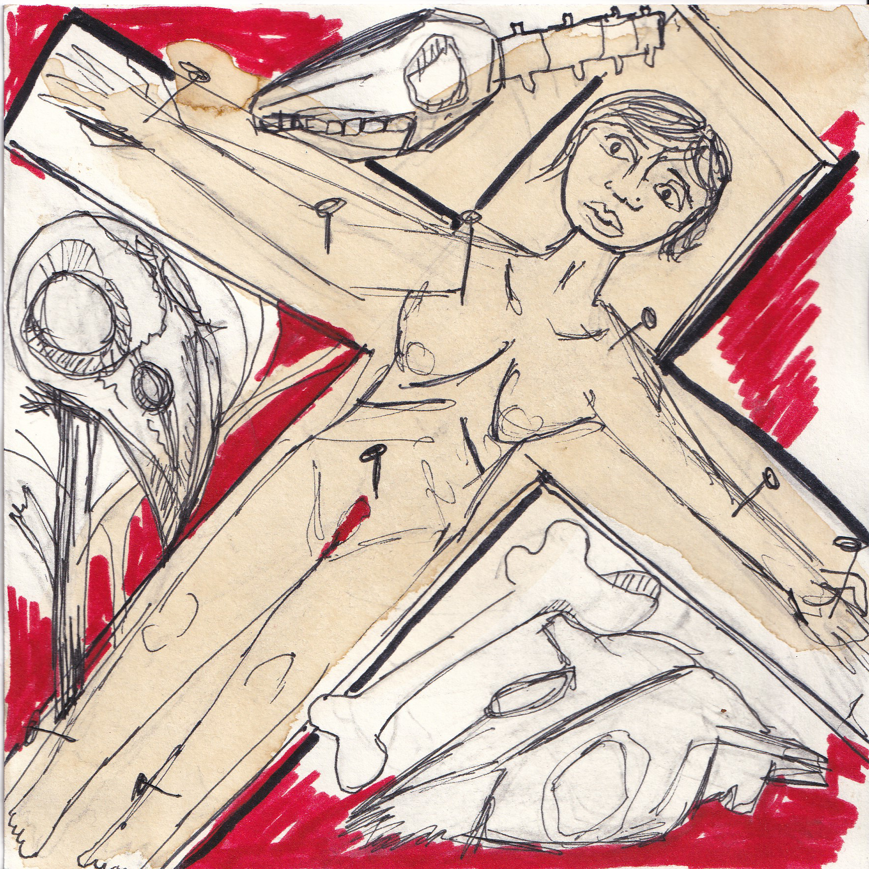 Drawing from Hope Mokded's series From Exile to Asylum — figure in red wash