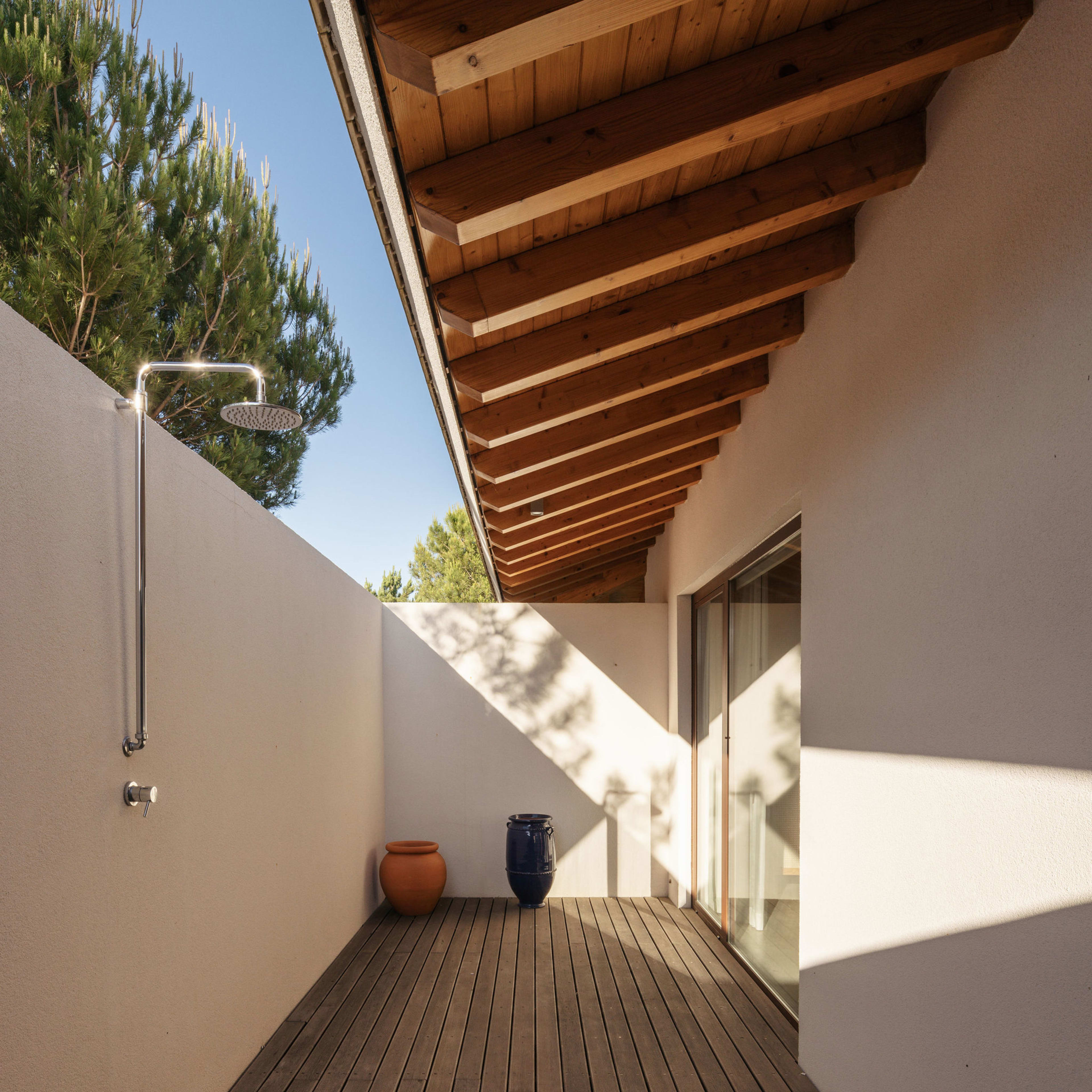 Outdoor shower on a timber deck