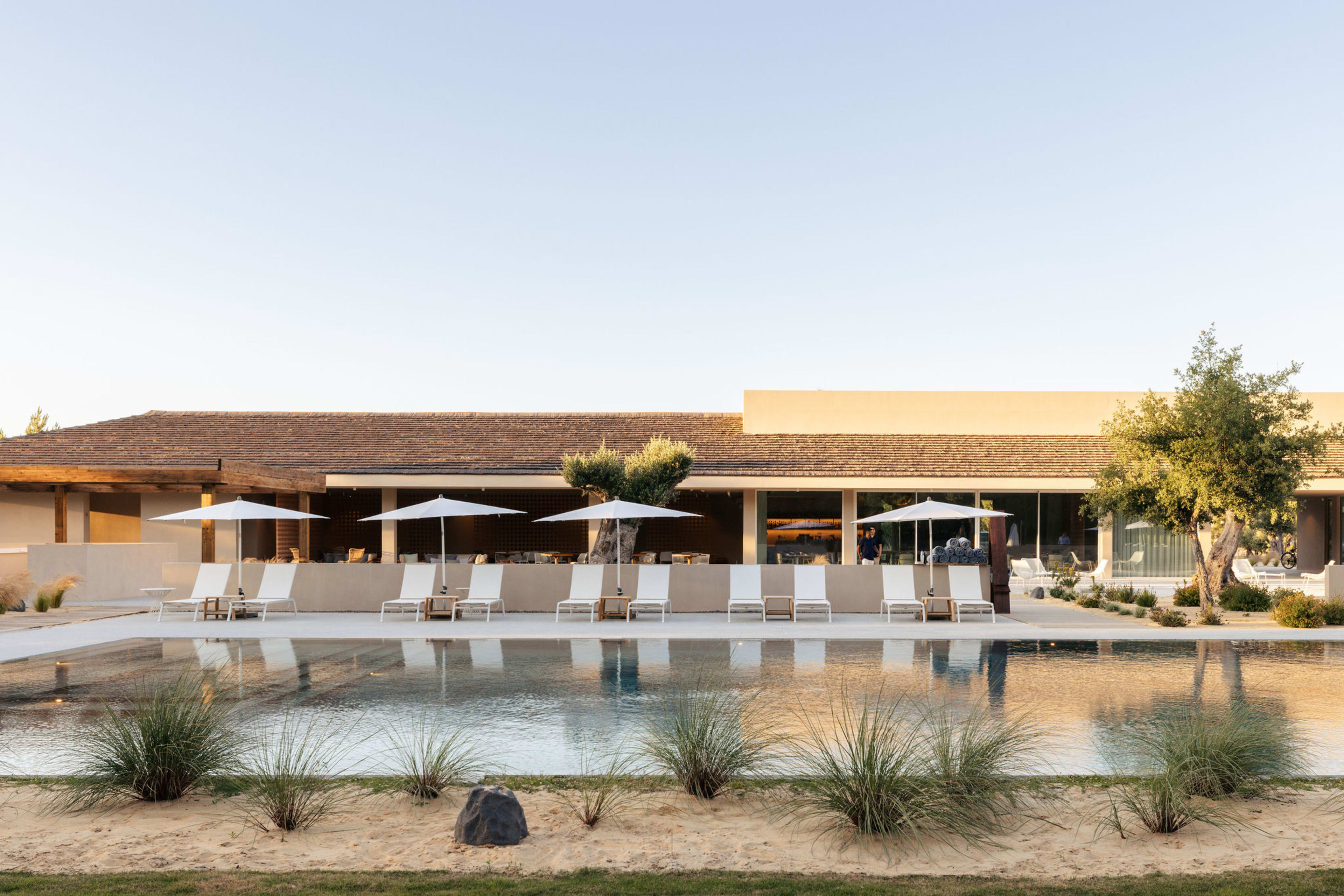 Spatia Comporta clubhouse and pool at golden hour, umbrella pines beyond