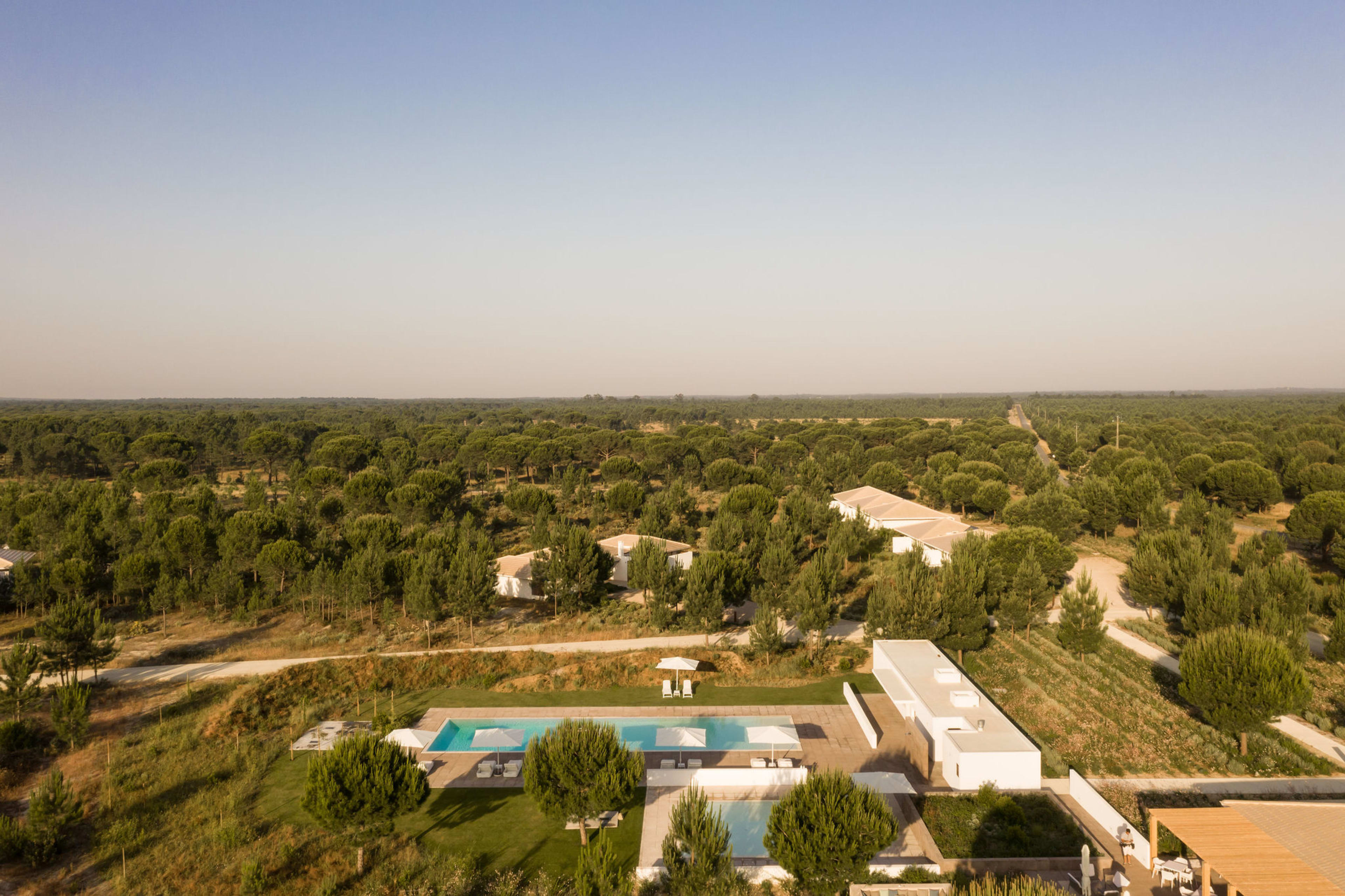 The estate from above — pool and pavilions in the forest