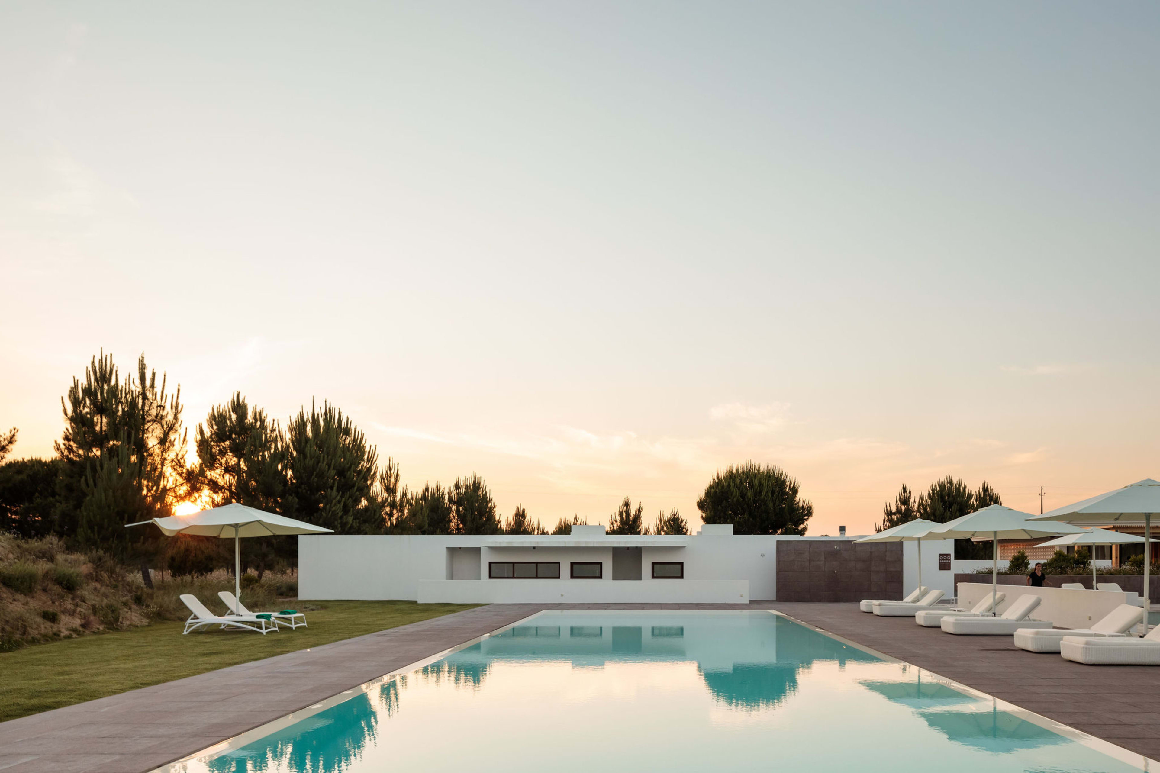 The pool at last light, looking toward the clubhouse