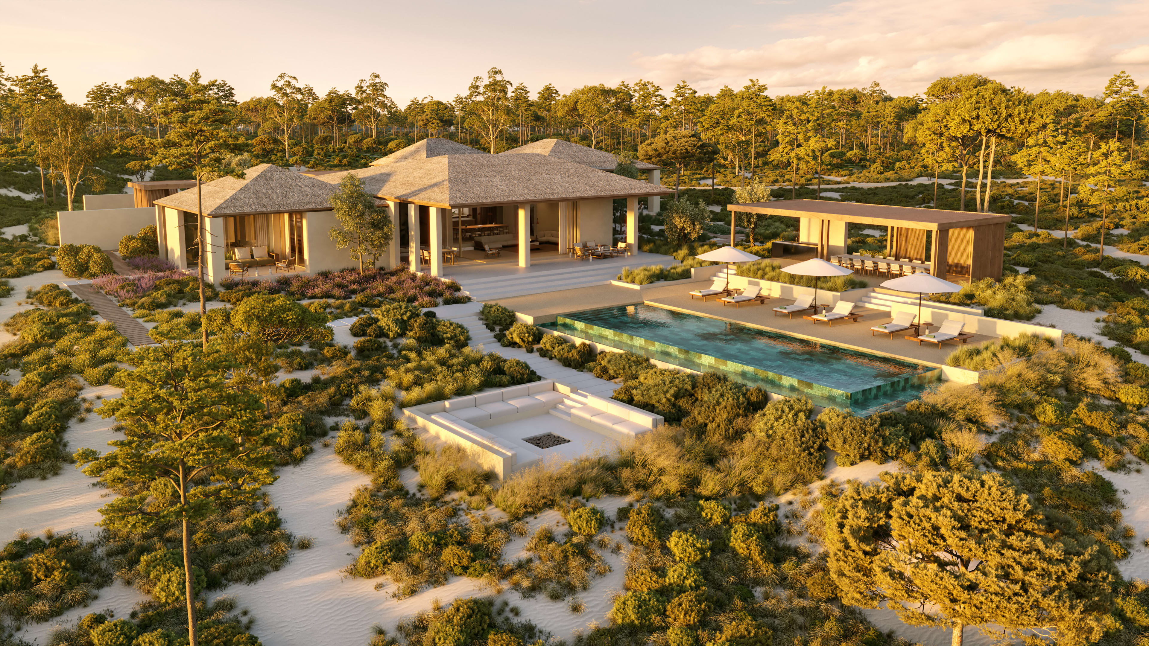 Aerial view over villa roofs and pools, Spatia Melides