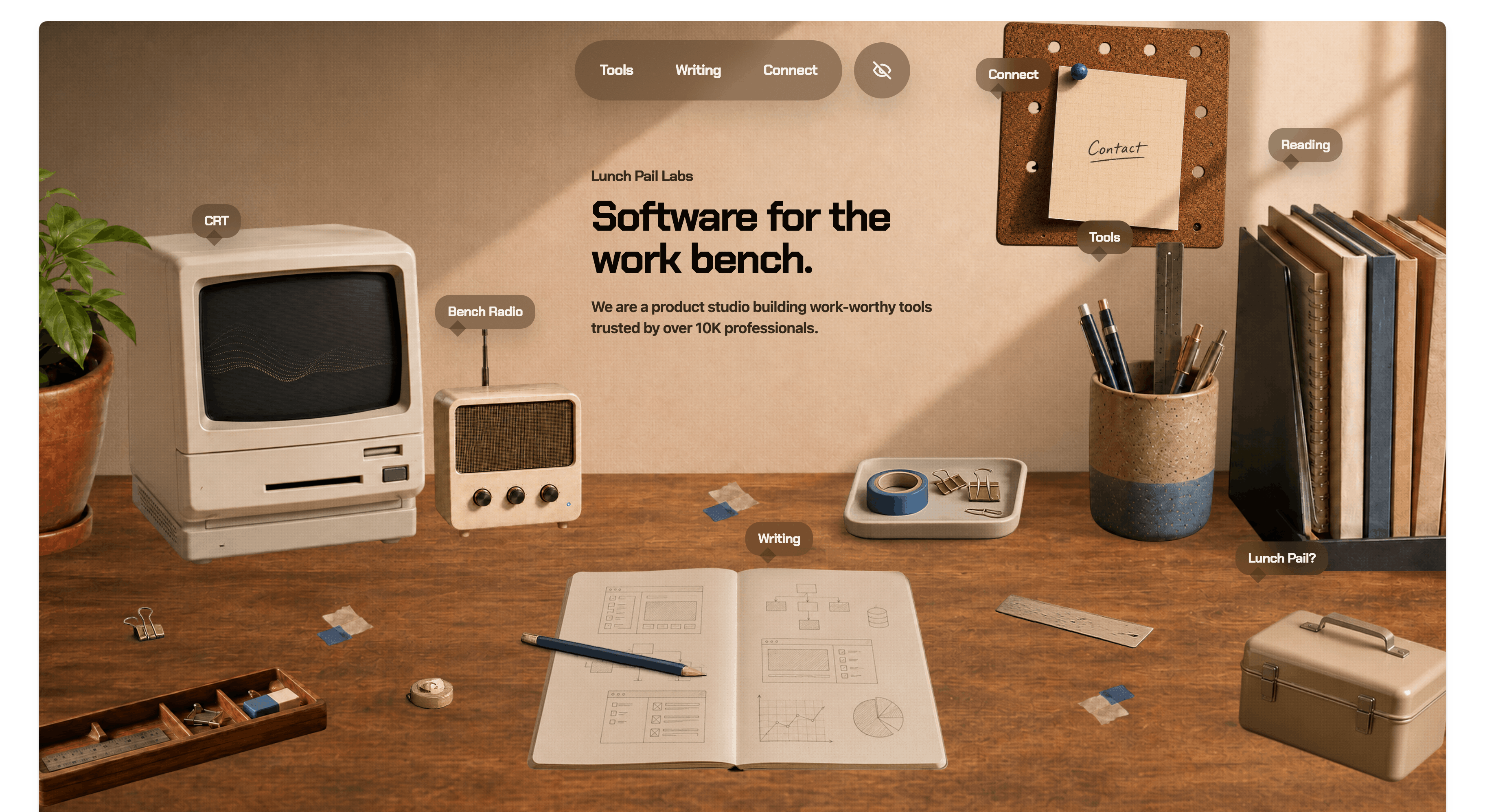 The redesigned Lunch Pail Labs homepage as an interactive workbench scene.