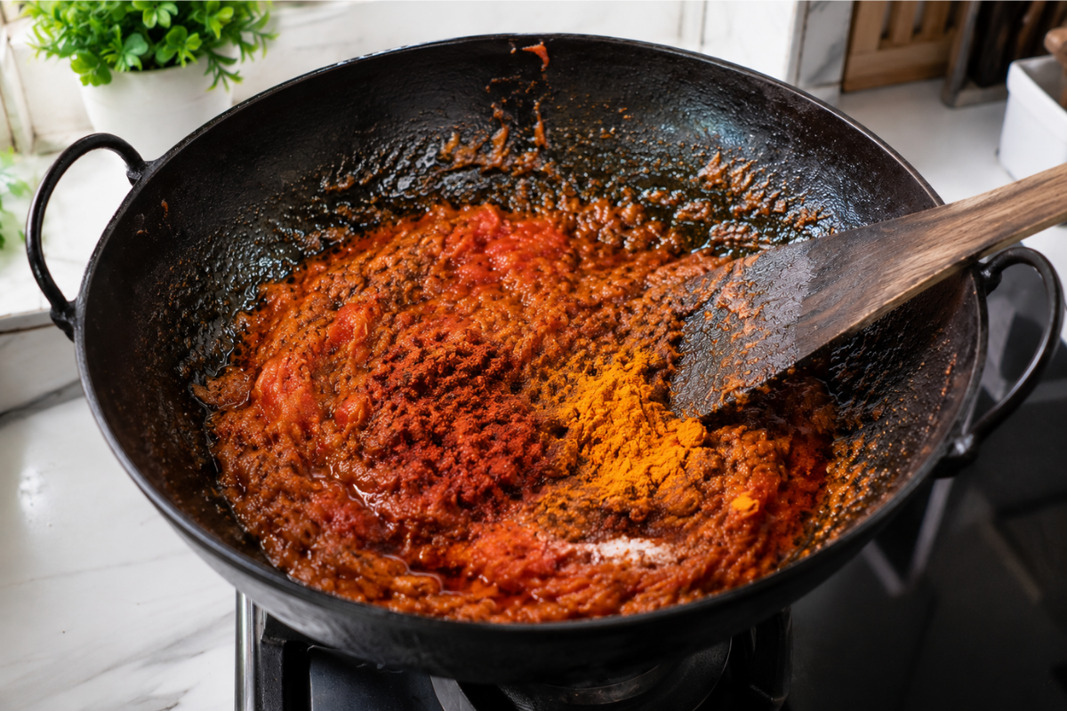 Cooking chicken curry masala base with onion and tomato