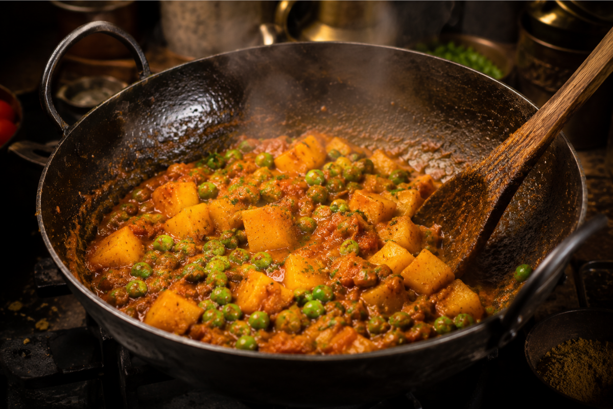 Aloo matar being cooked in kadhai with Anagh Sabzi Masala
