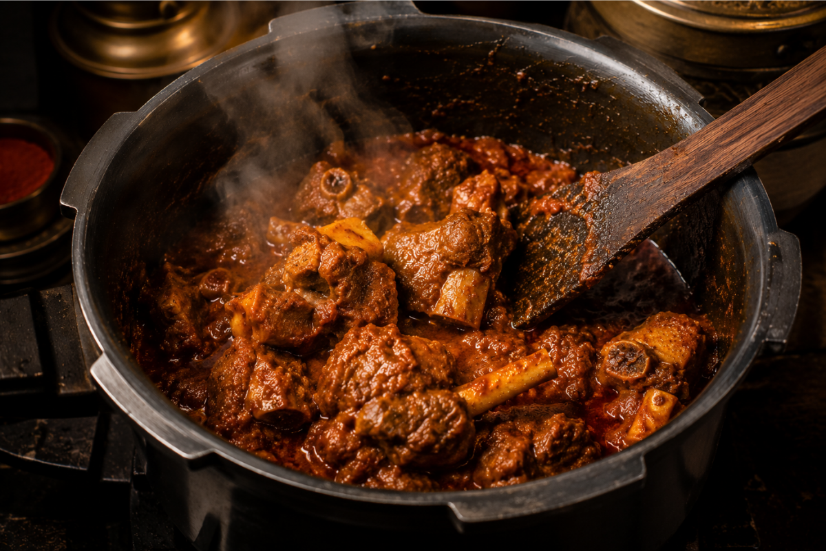 Mutton curry being cooked with Anagh Meat Masala