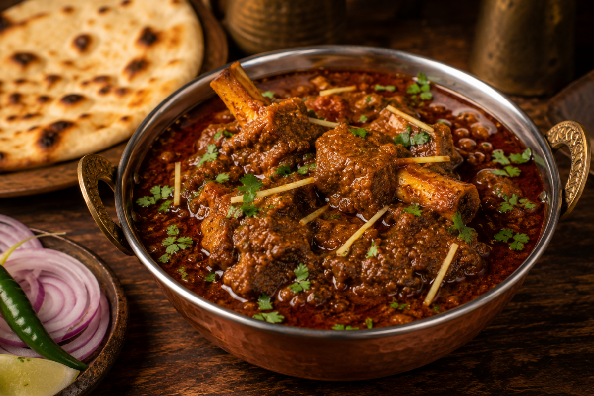 Restaurant style mutton curry made with Anagh Meat Masala