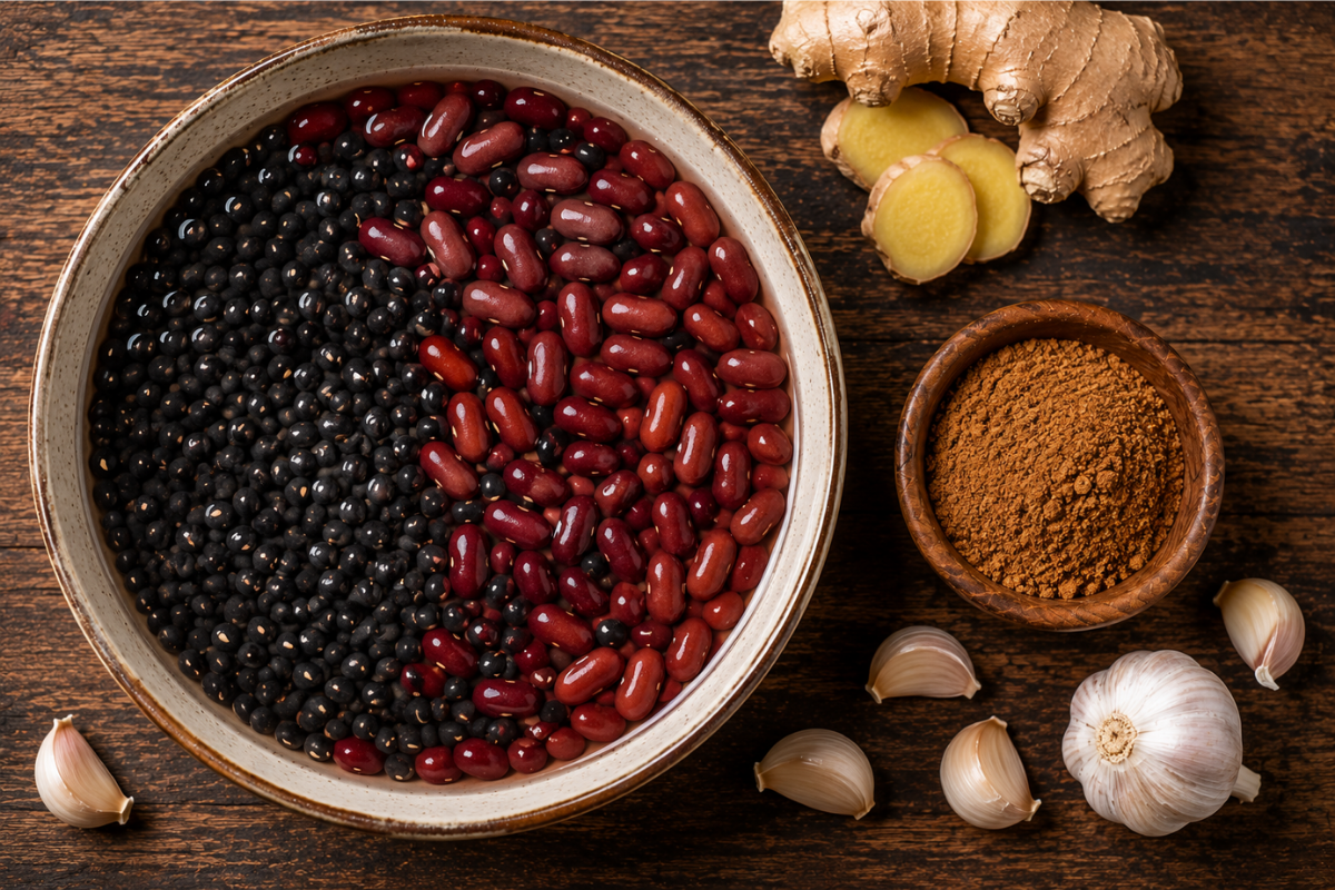 Whole black urad dal and rajma soaked overnight for dal makhani
