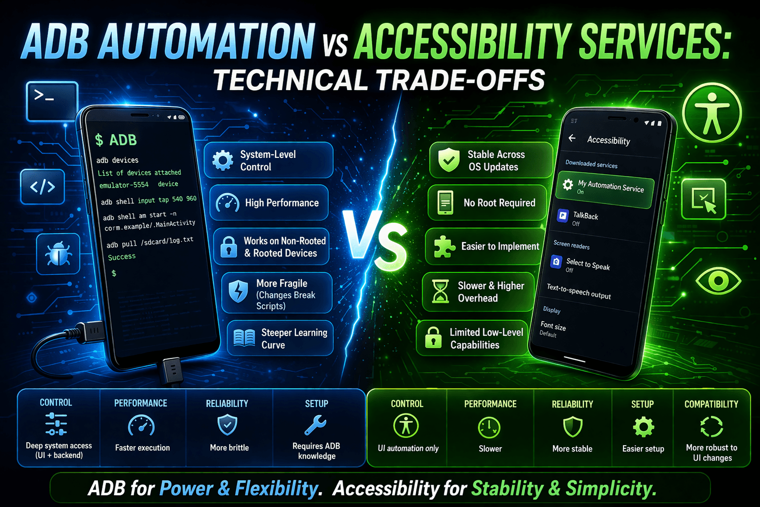 ADB Automation vs Accessibility Services: Technical Trade-offs