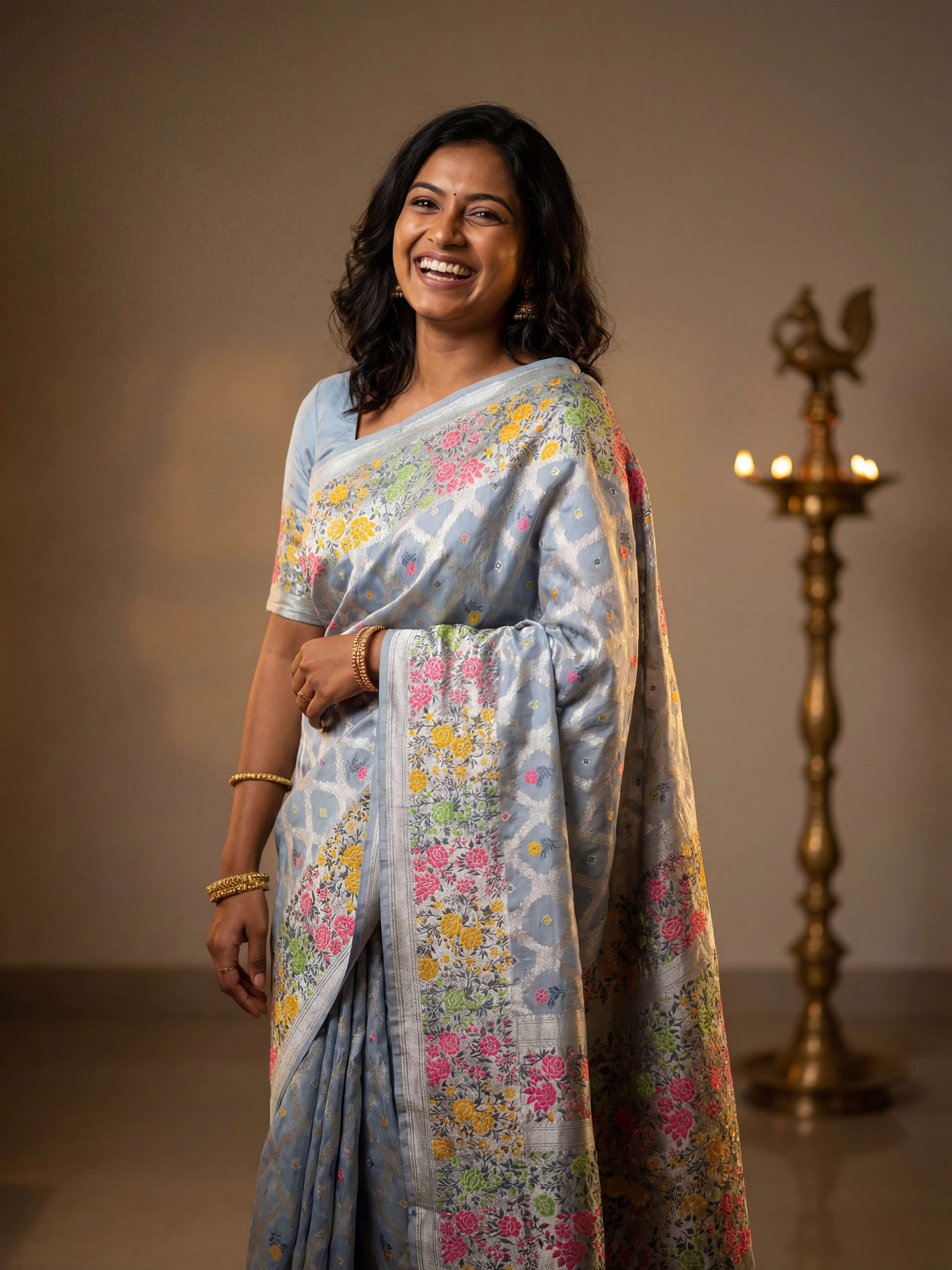 Misty Silver Grey Chiniya Silk Saree with Meenakari Diamond Jaal