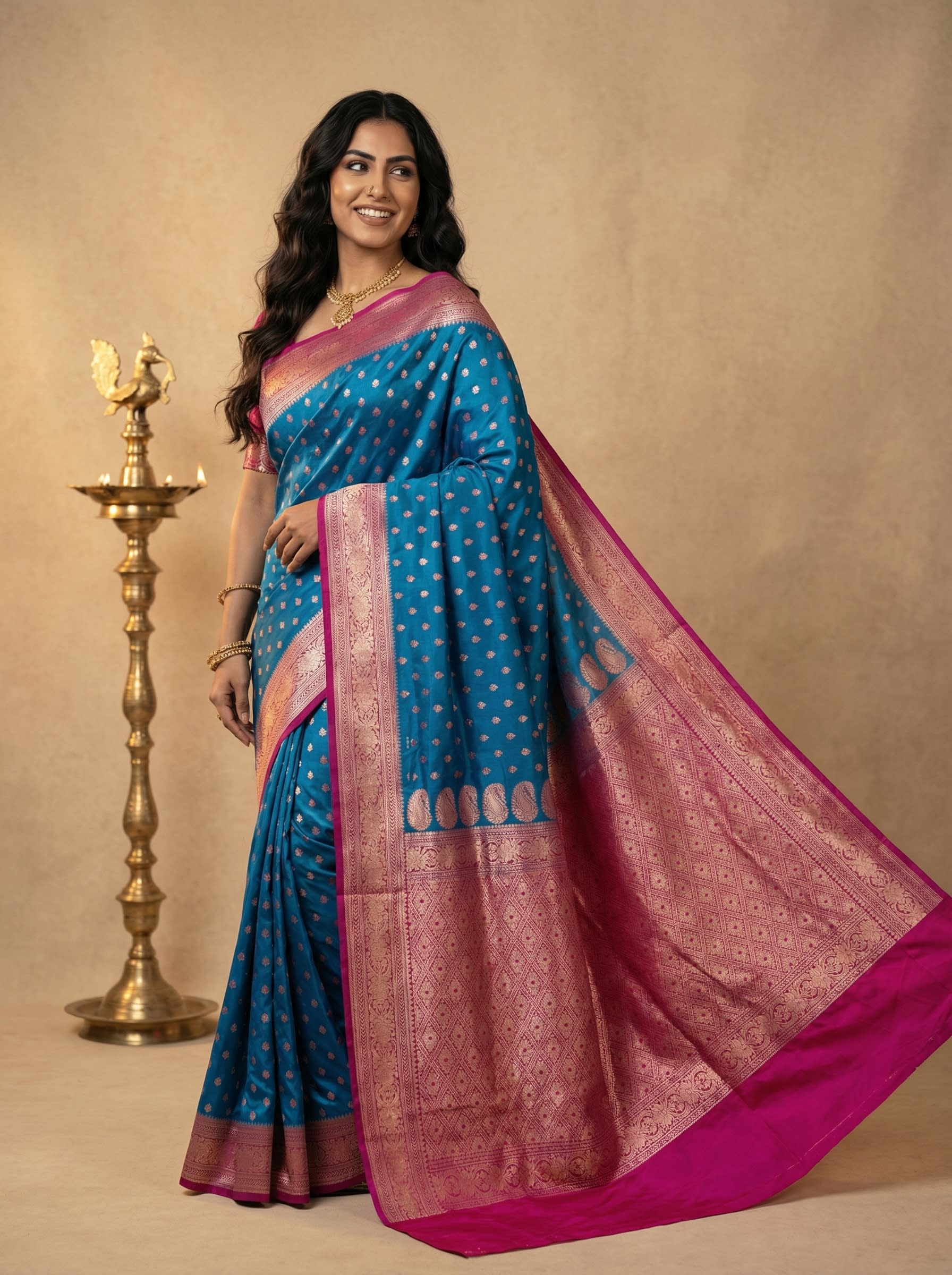 Oceanic Turquoise & Vibrant Fuchsia Katan Silk Saree with Sterling Silver Kadhwa Butis and Geometric Jaal Pallu