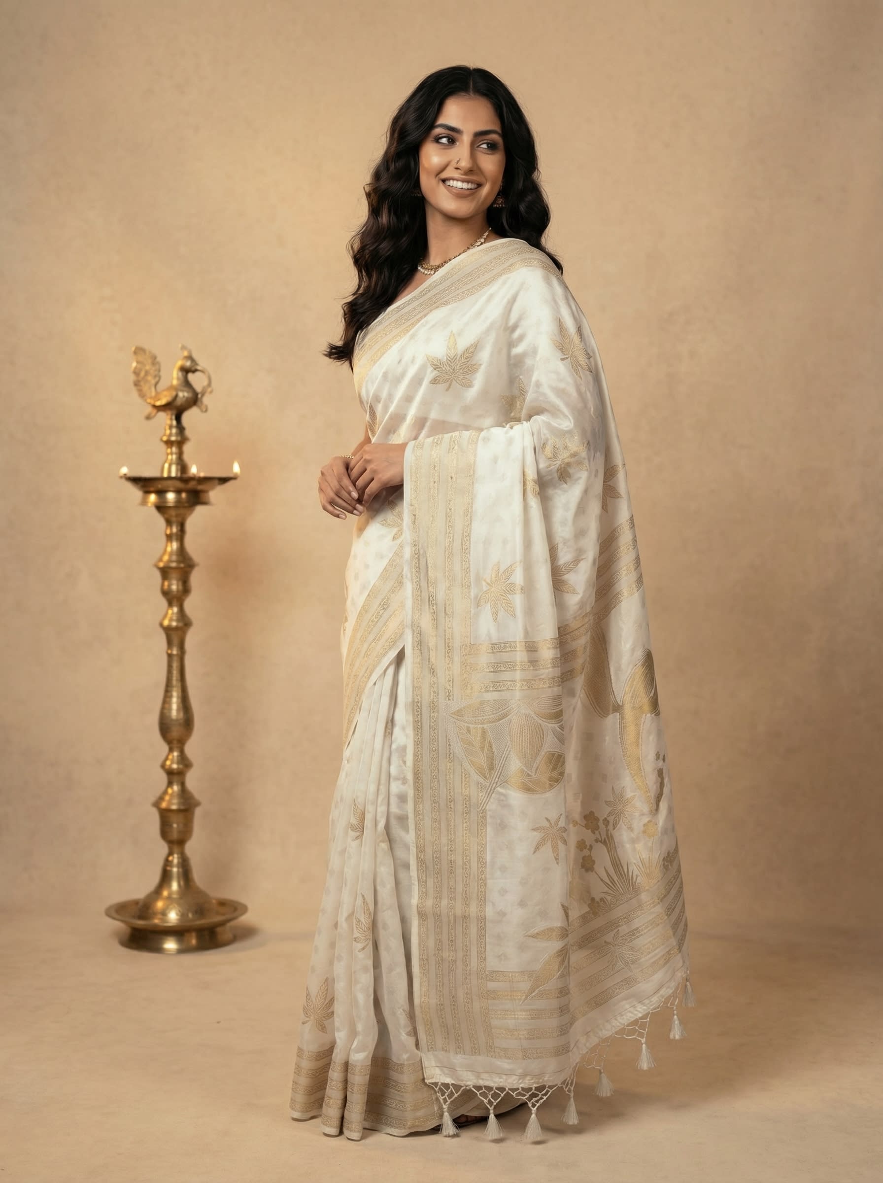 Ivory Pearl Chiniya Silk Saree with Champagne Gold Botanical Leaf Motifs and Hand-Knotted Tassels
