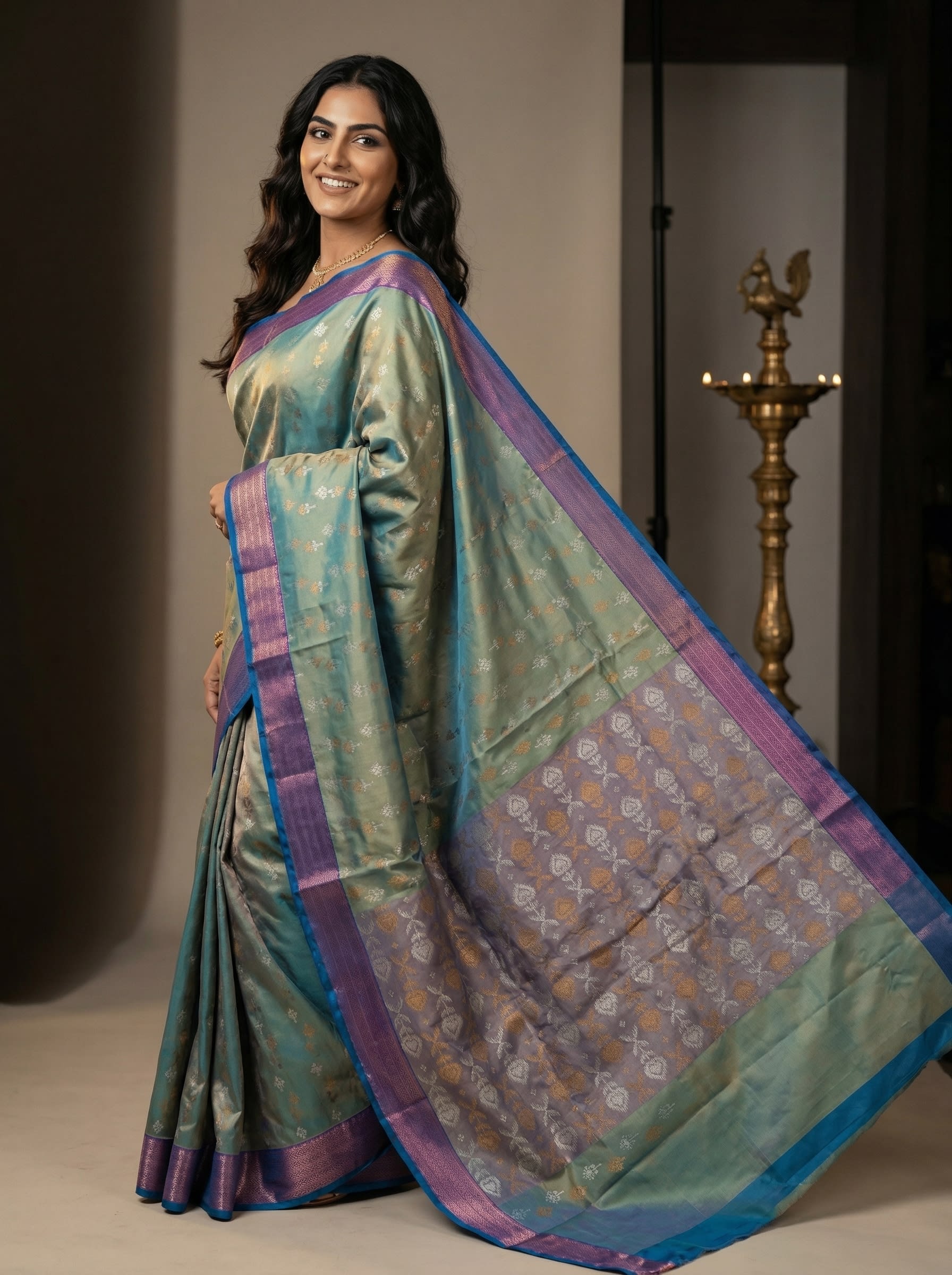 Lavender Mist & Soft Teal Chiniya Silk Saree with Dual-Tone spade Butis and Amber Tassels