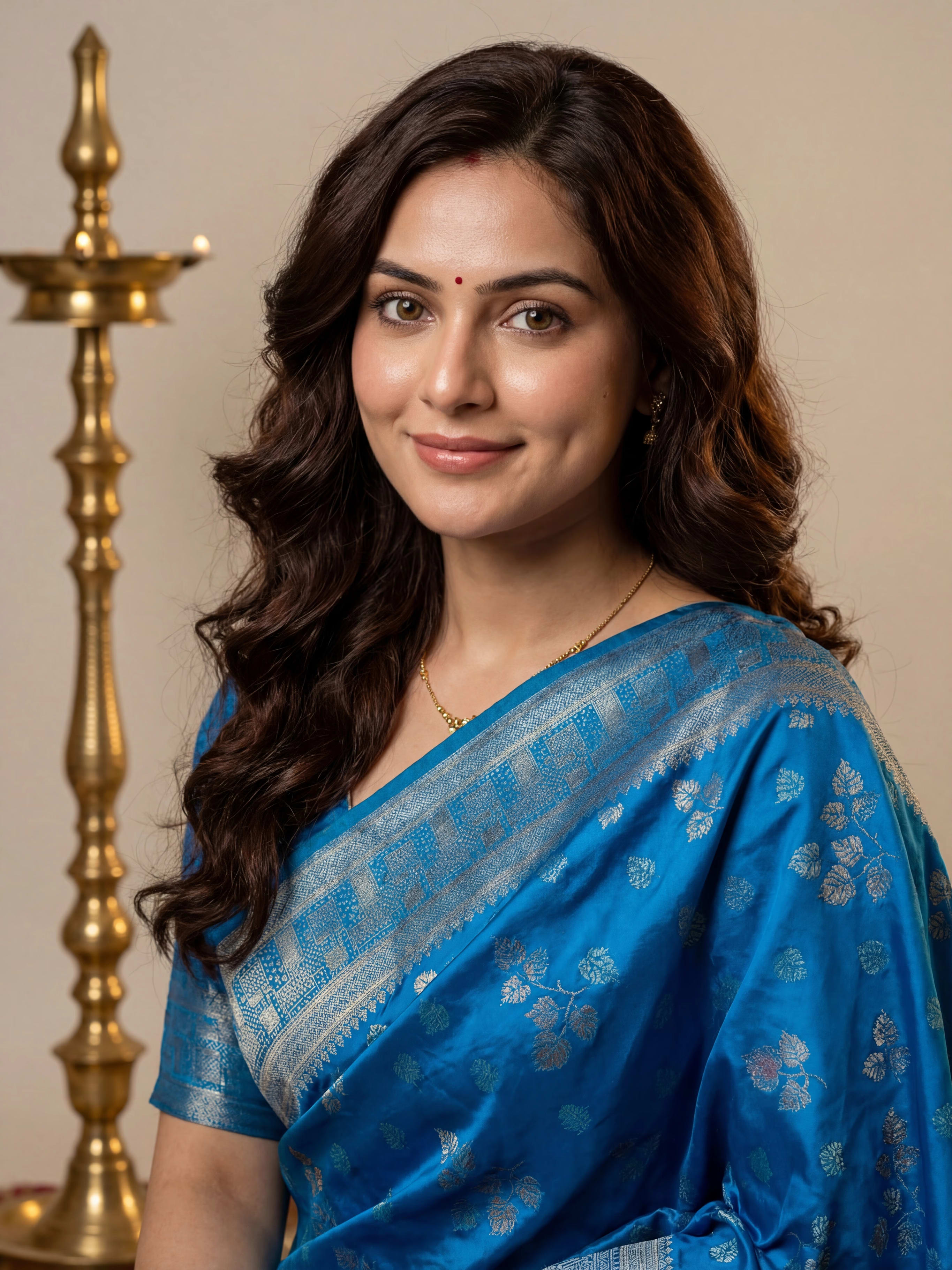 Azure Cerulean Katan Silk Saree with Triple-Leaf Kadhwa Butis and Architectural Geometric Pallu