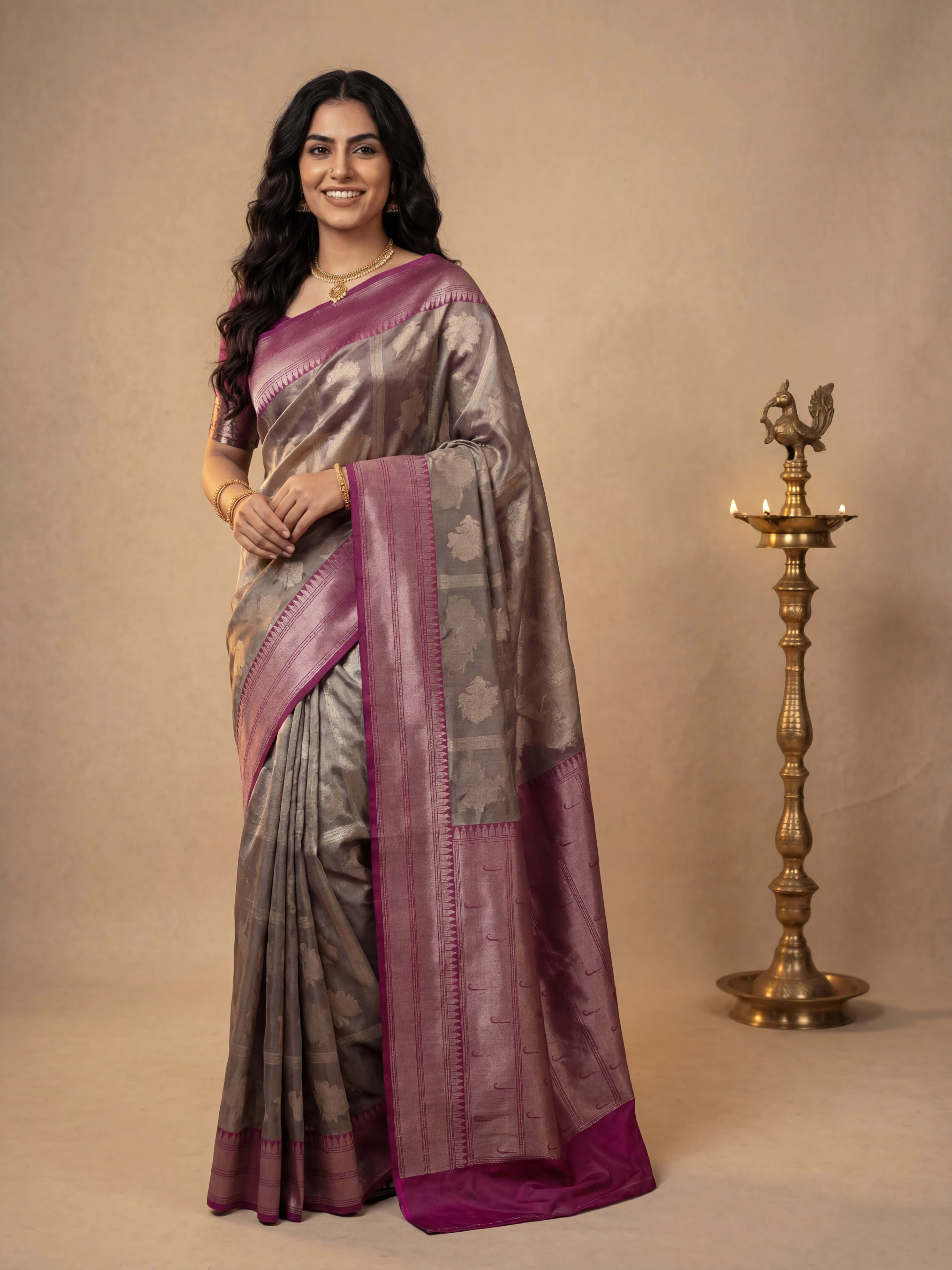 Slate Charcoal Kora Silk Saree with Silver-Grey Leaf Butis and Magenta Temple Border