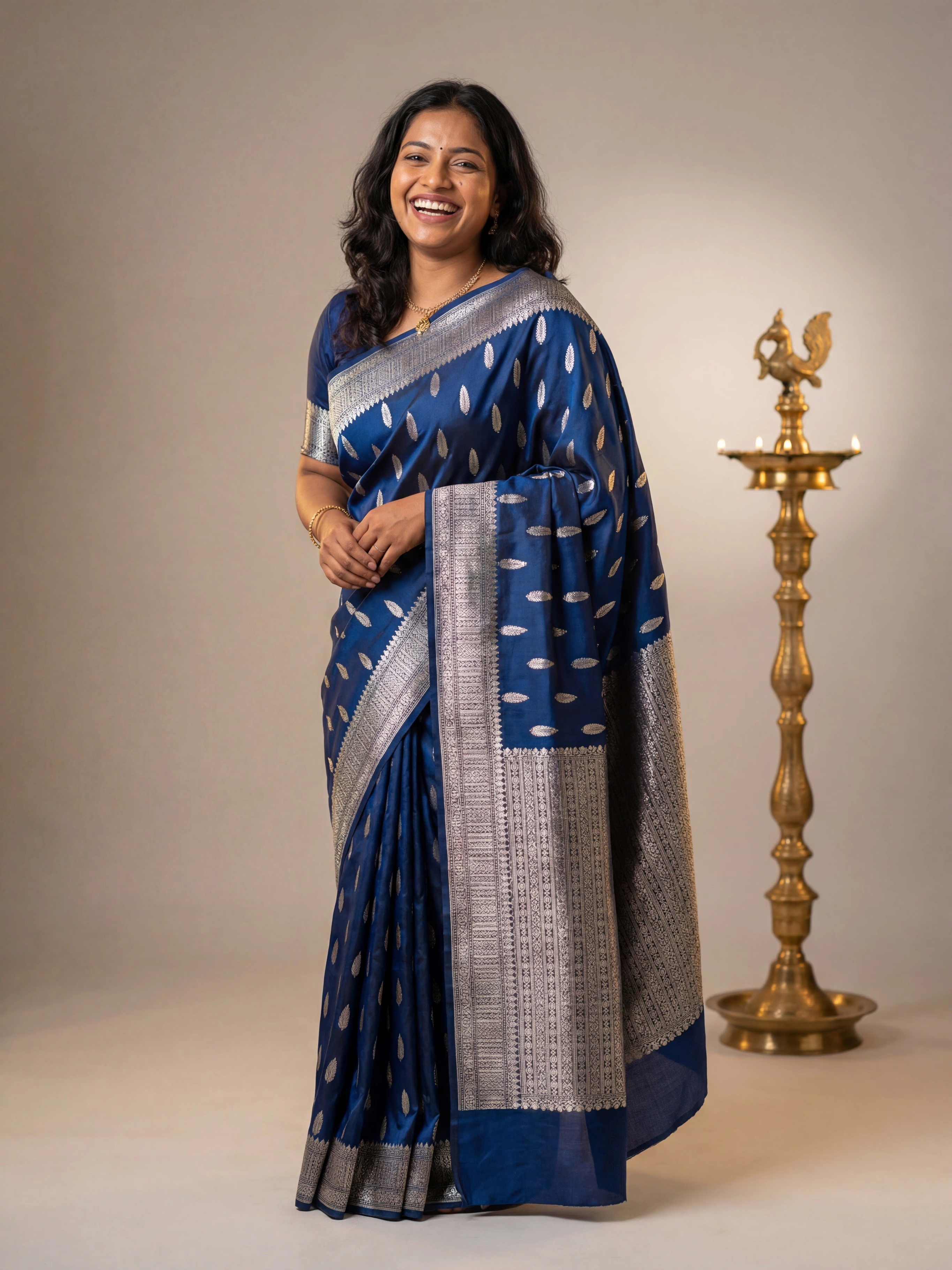 Midnight Navy Katan Silk Saree with Sterling Silver Kadhwa Butis and Ornate Floral Border