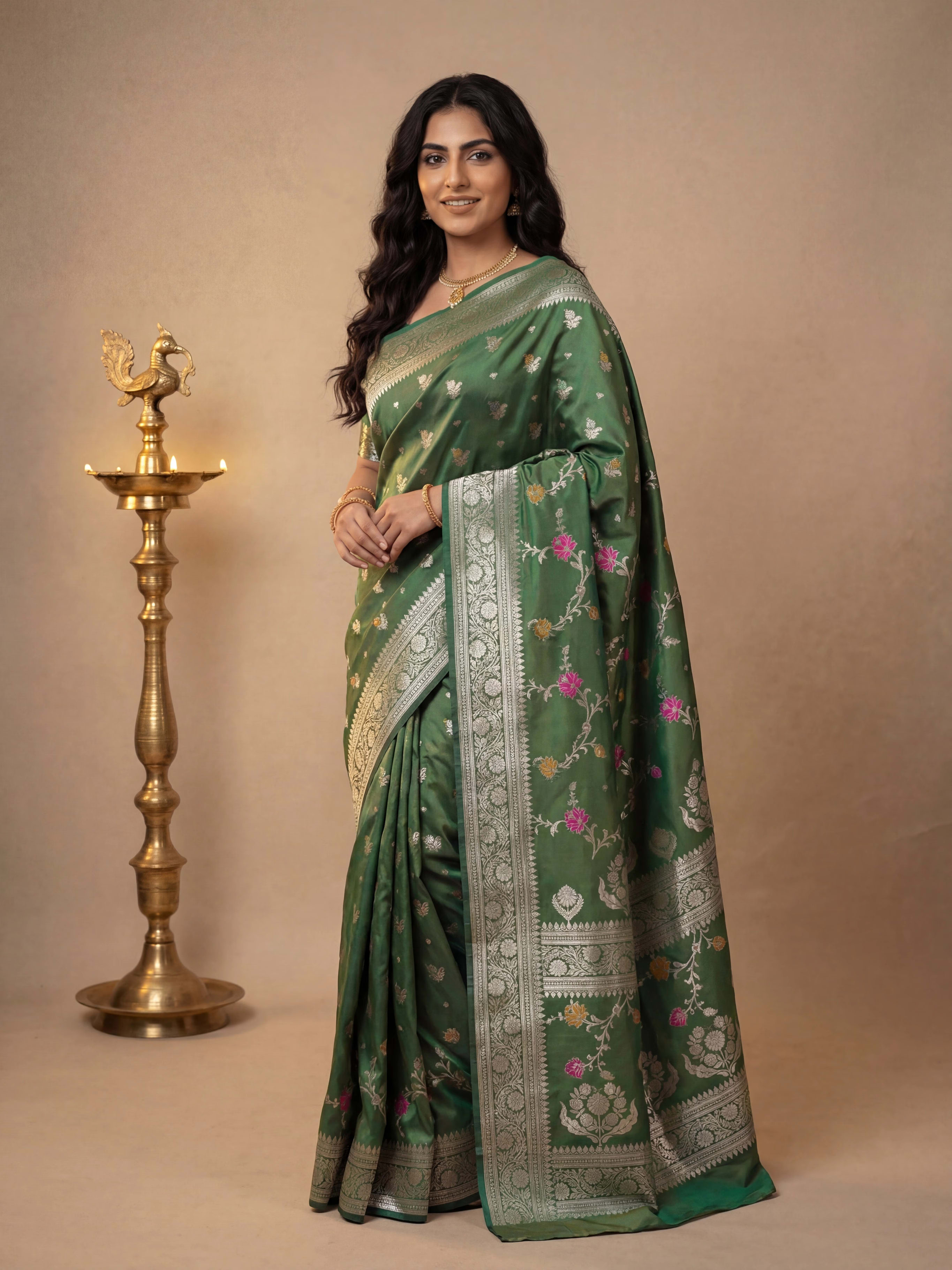 Olive Sage Katan Silk Saree with All-Over Silver Zari Jaal and Multicolor Meenakari Flowers