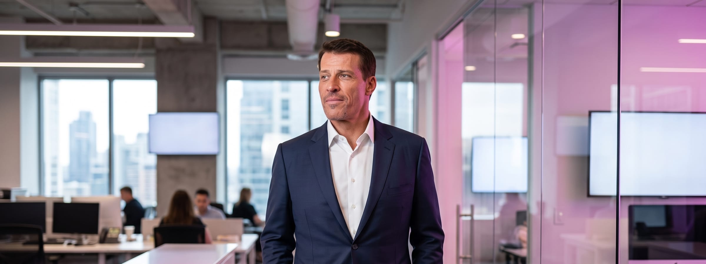 AI-generated editorial illustration for the Get Mentors briefing “Tony Robbins's recent schedule is the strategy”