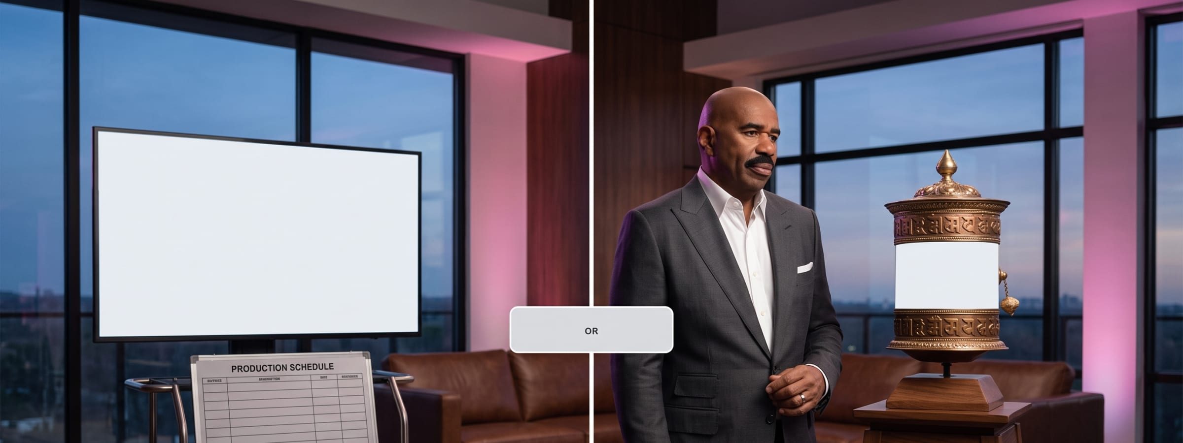 AI-generated editorial illustration for the Get Mentors briefing “The Dalai Lama, Steve Harvey, and a daily choice”