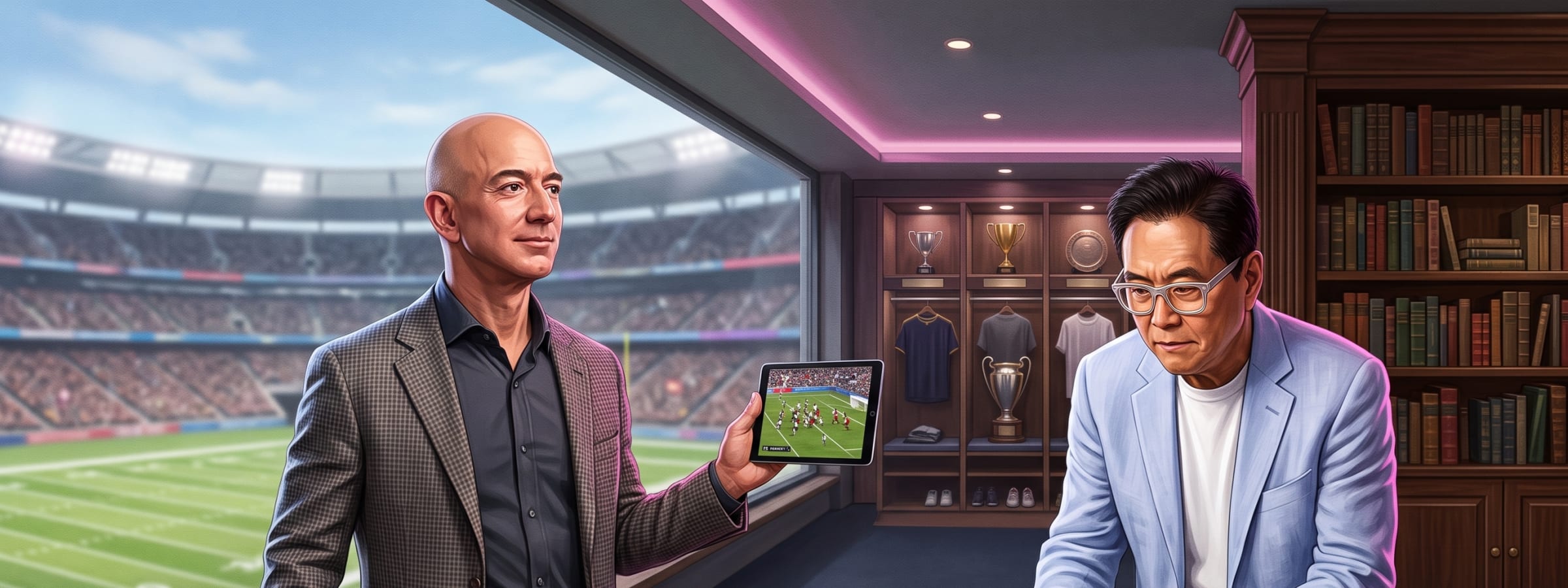 AI-generated editorial illustration for the Get Mentors briefing “Jeff Bezos buys into sports, Robert Kiyosaki buys gold”