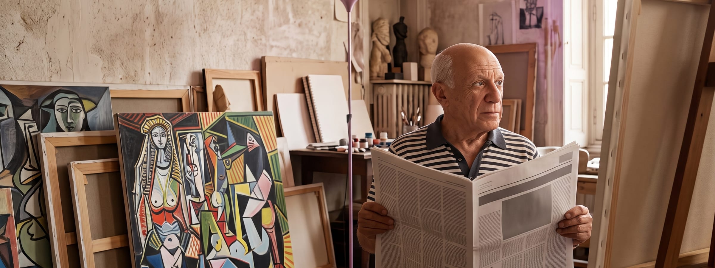 AI-generated editorial illustration for the Get Mentors briefing “Picasso, Washington, and your public story”