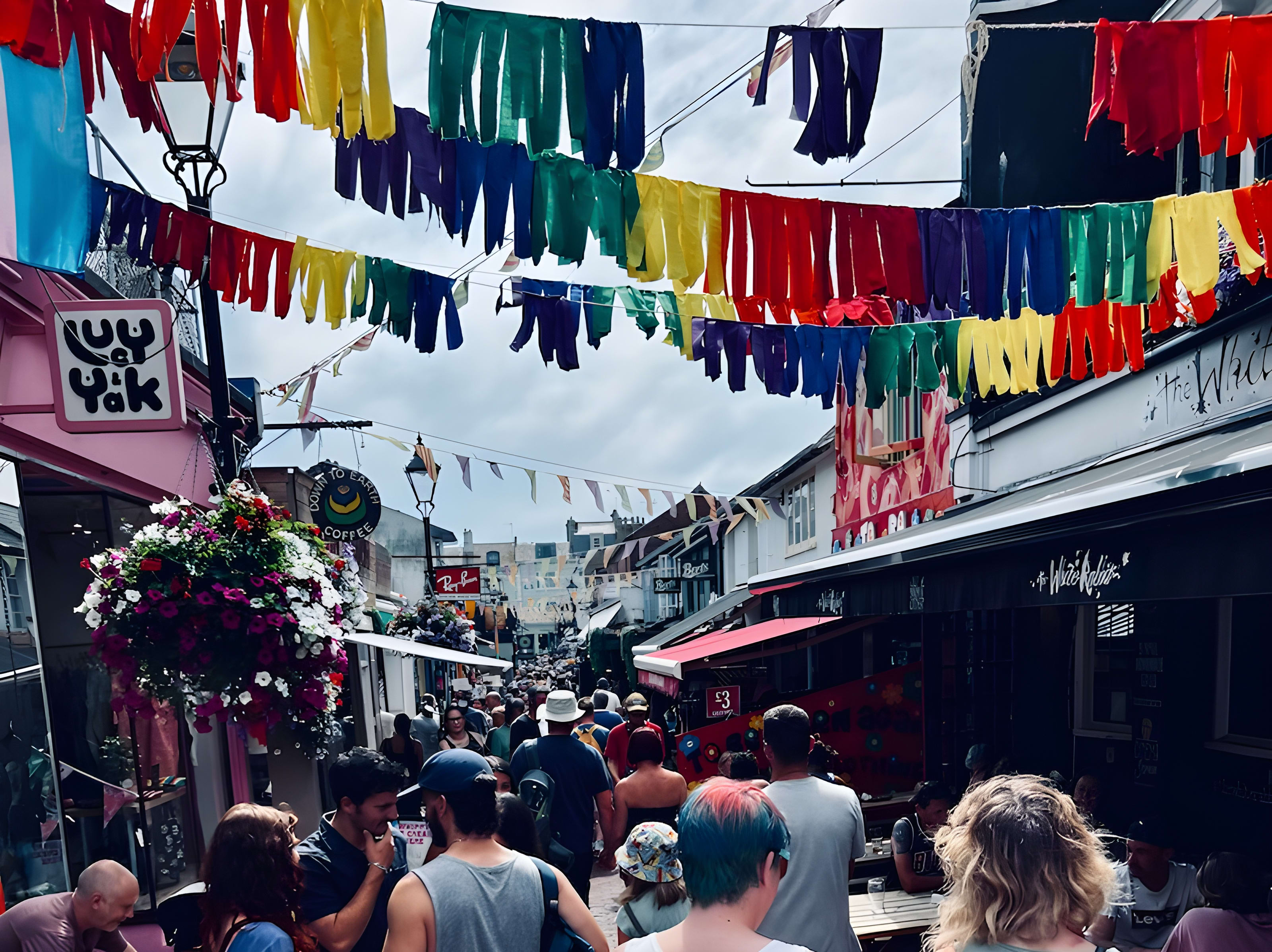 Colorful and bustling scene in The Lanes of Brighton with rainbow flags, indicating a lively part of gay Brighton known for its vibrant community and cultural events.