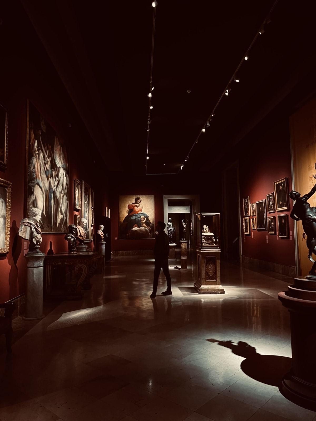 A visitor explores a darkened gallery filled with sculptures and Renaissance paintings in Naples, Italy. The moody lighting enhances the artistic experience in gay Naples, Italy.