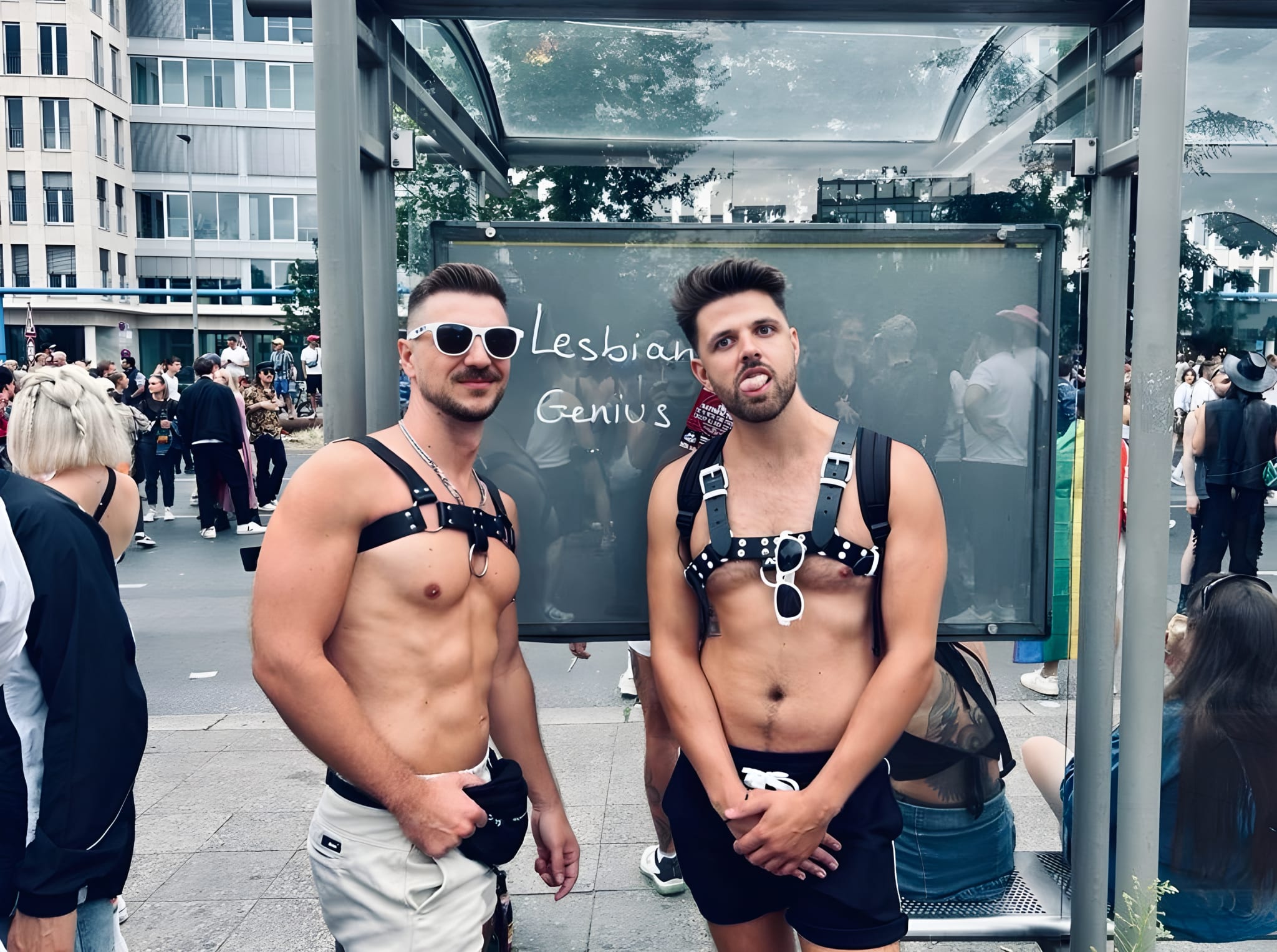 Two shirtless men in harnesses stand by a bus stop with a glass panel reading 'Lesbian Genius,' embodying the vibrant energy of Gay Berlin's LGBTQ+ hotspots. In the background, a lively crowd gathers, capturing a dynamic scene that's ideal for any queer traveler exploring the city's welcoming atmosphere and colorful culture.