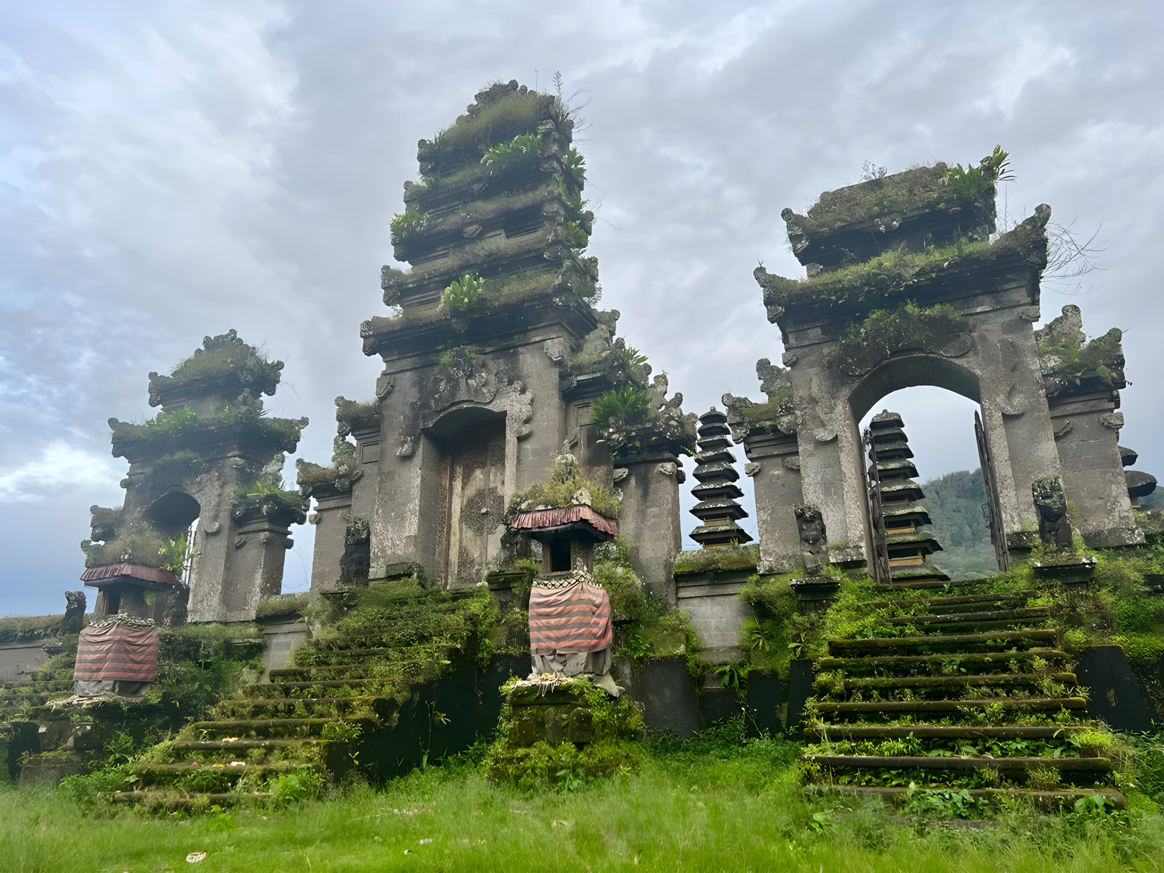 The ancient gates of Pura Ulun Danu Tamblingan in Bali, surrounded by mist and dense forest, a spiritual and picturesque site often visited by Ubud travelers.