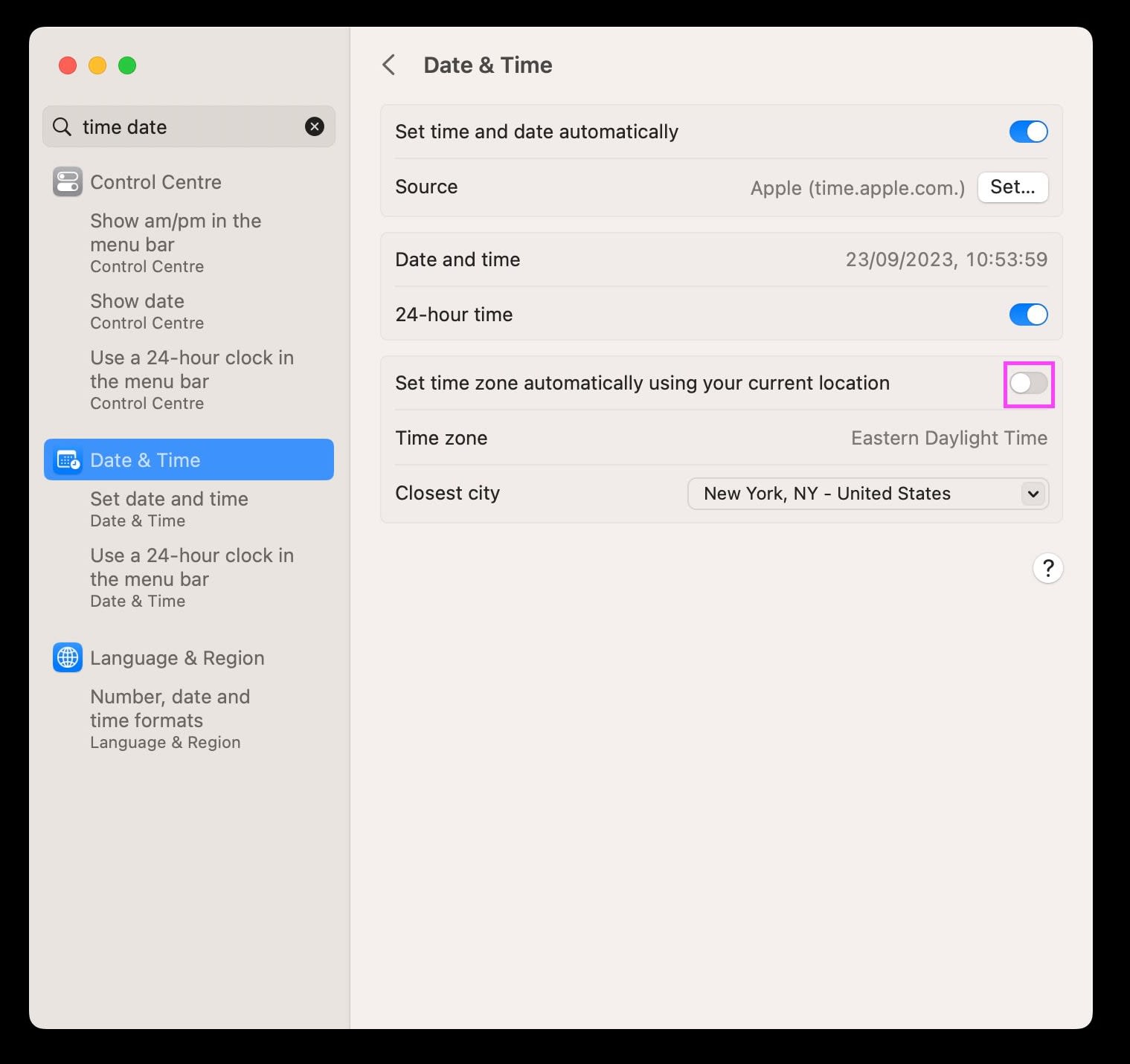 Mac settings window displaying options to set date and time automatically, with the time zone set to Eastern Daylight Time for New York, suggesting how to maintain consistent time settings while working abroad without the boss knowing.