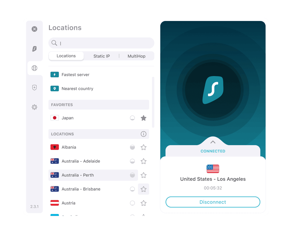 Screenshot of a VPN application interface showing a successful connection to a server in Los Angeles, USA, with a list of server locations on the side, including Japan and several Australian cities, implying discreet online activities for working abroad without alerting the boss.