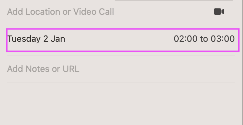 Simplified event creation screen in an iCal app with the date 'Tuesday 2 Jan' and a time slot from '02:00 to 03:00' highlighted—great for content focusing on basic event scheduling.