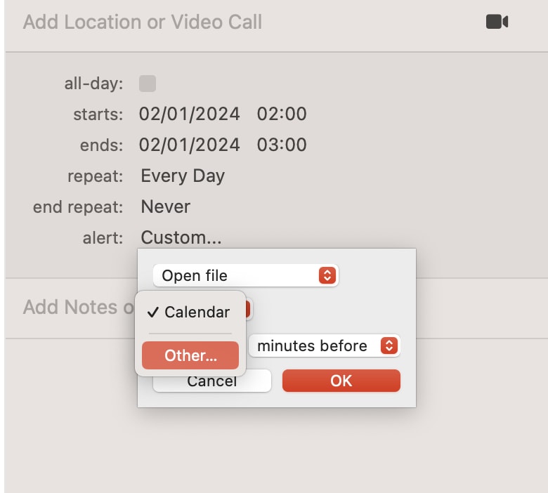 Custom alert settings window for an iCal event showing options for opening a file, with 'Other...' highlighted in red for setting a custom alert time—perfect for posts on advanced event notification settings.