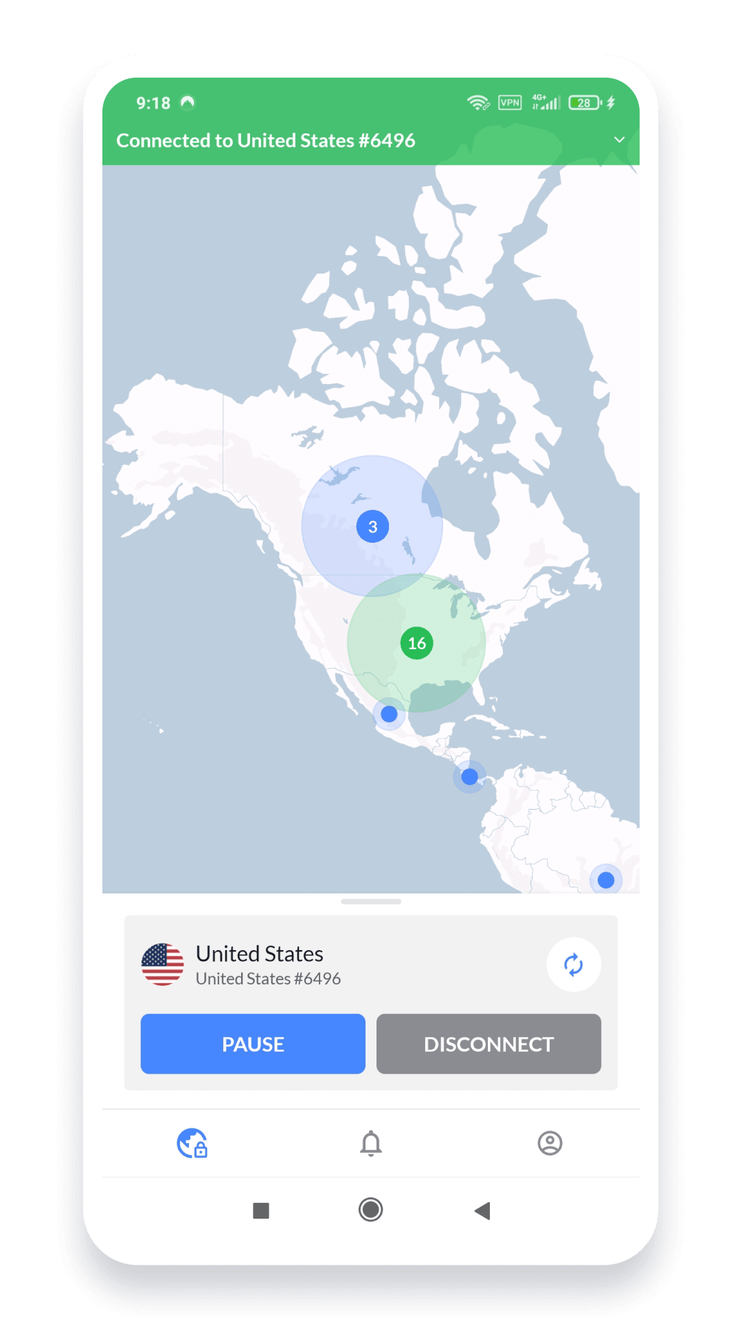 Screenshot of a VPN mobile app displaying a map of the United States with numbered circles indicating available servers in various locations. The top of the screen shows connectivity status to server #6496 in the United States, emphasizing affordable VPN options.
