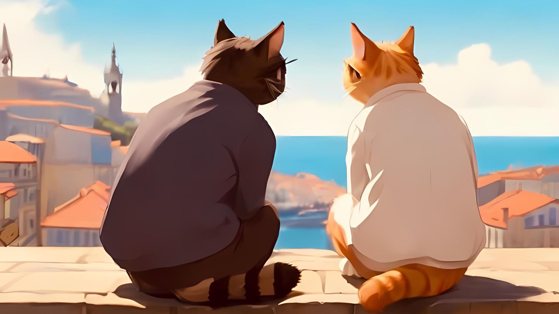 Two cats, one black and one ginger, sit on a ledge overlooking a picturesque town by the sea, evoking a romantic scene in gay Lisbon.
