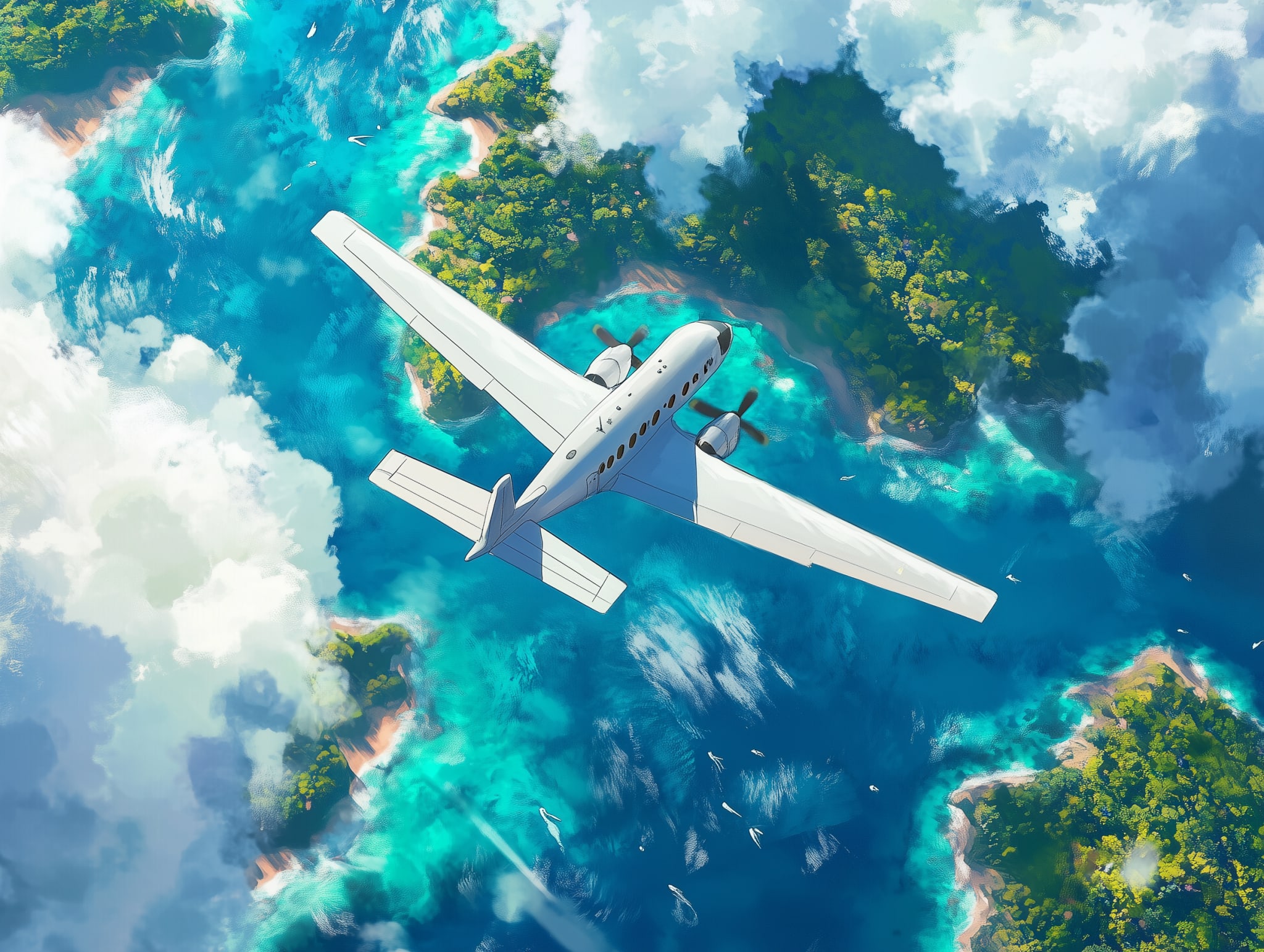 An airplane soars over the shimmering water, invoking a sense of adventure.