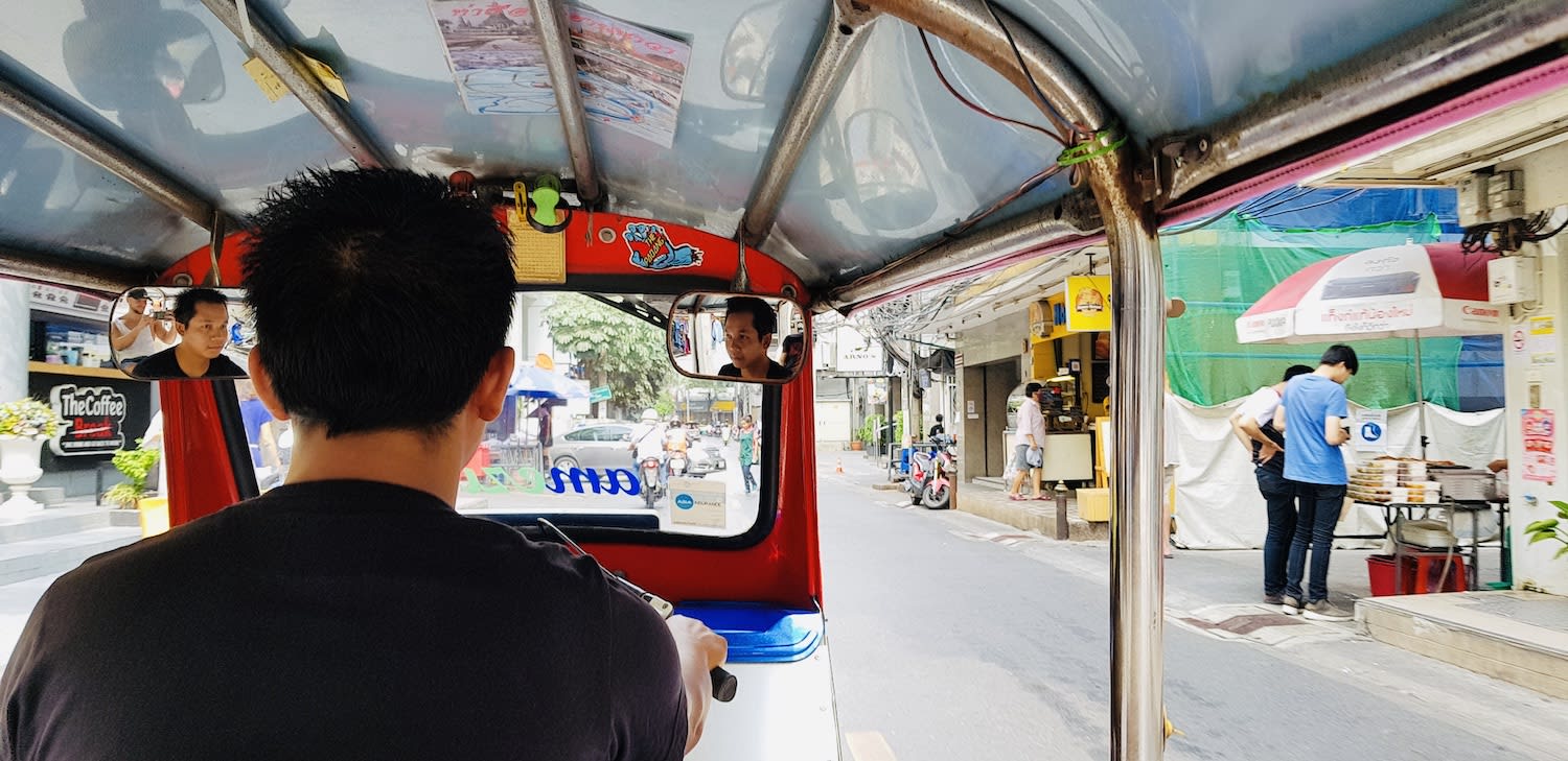 View from inside a tuk-tuk, a common mode of transportation for those exploring Thailand over 14 days.