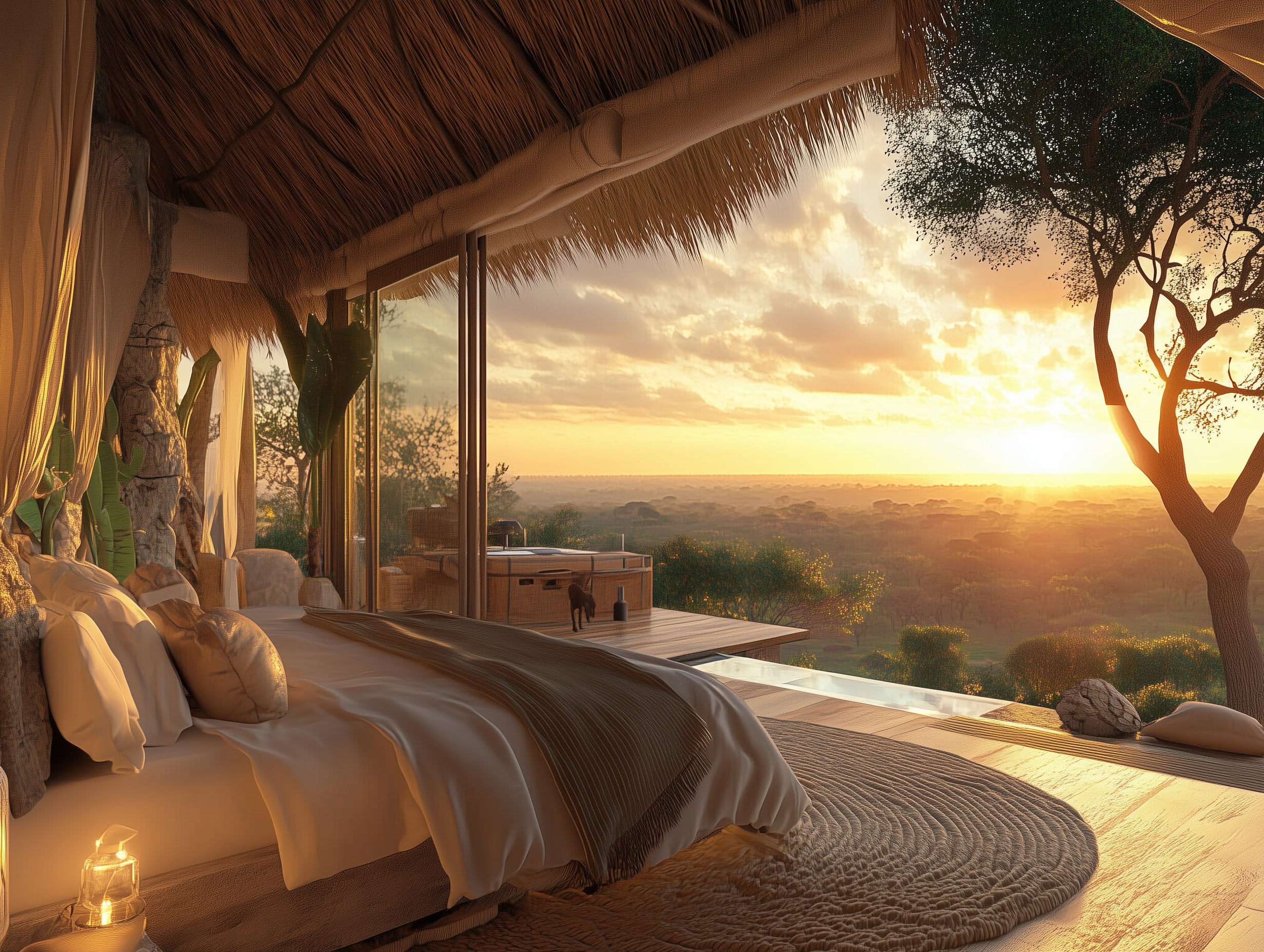 A luxurious bedroom with a thatched roof opens to a stunning sunset view over a vast landscape. The room features a cozy bed, soft lighting, natural decor, and glass doors leading to a wooden deck with a bathtub—perfect for creating unforgettable memories.