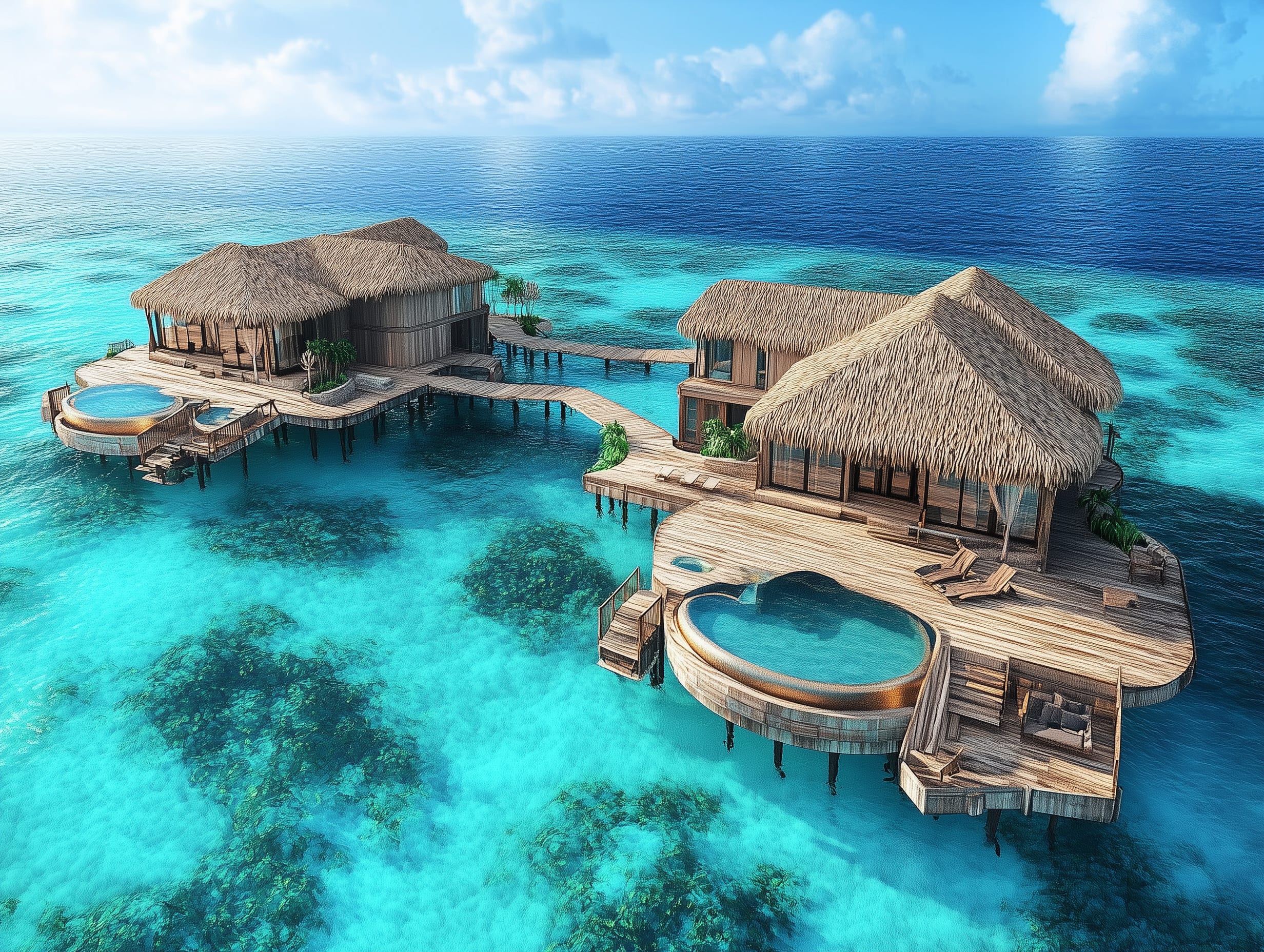 Two thatched-roof bungalows on stilts over clear turquoise ocean water, featuring private pools and wooden decks. The scene is tranquil, with coral reefs visible beneath the water and a horizon of blue sky and sea—perfect for creating unforgettable memories in a luxury experience.