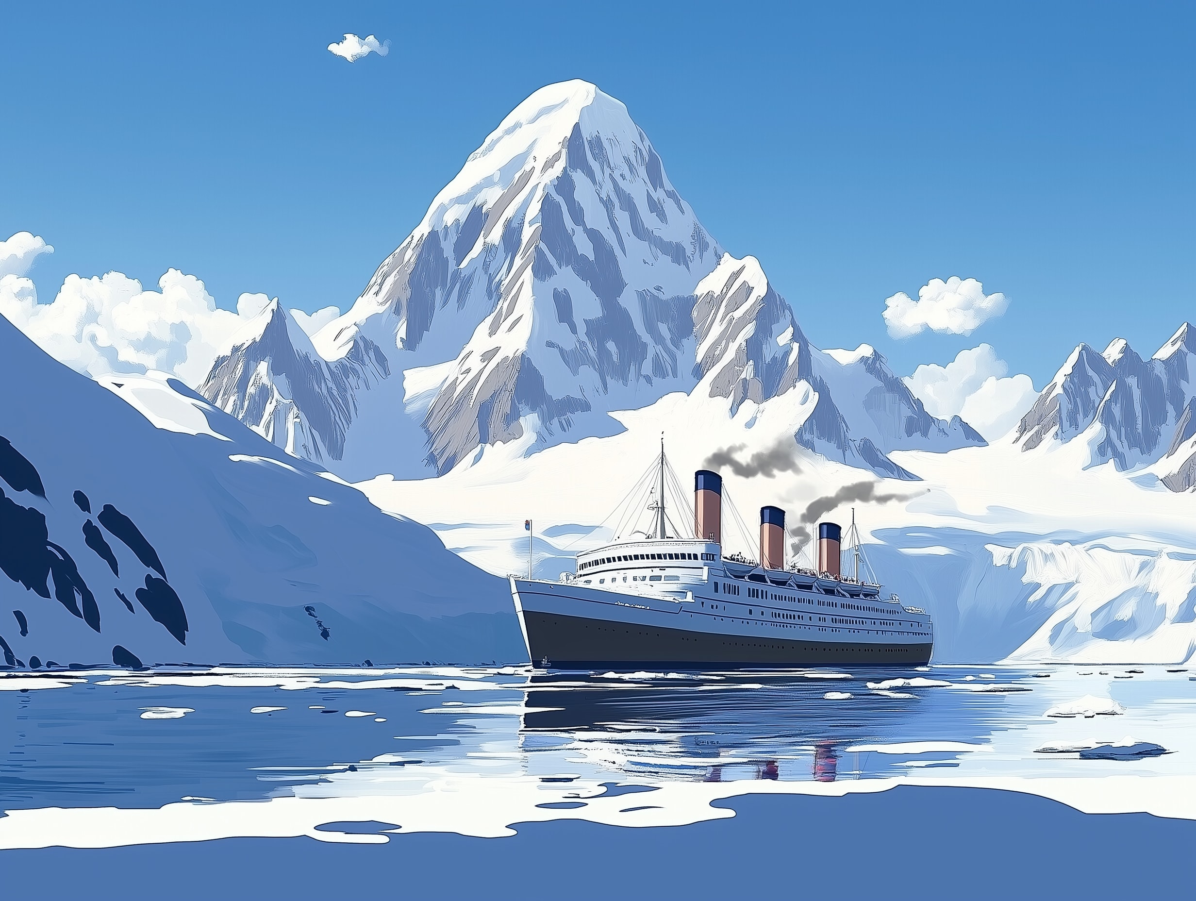 A large ship with three smokestacks sails through calm icy waters on an unforgettable adventure, surrounded by snow-covered mountains under a clear blue sky, reflecting in the water.