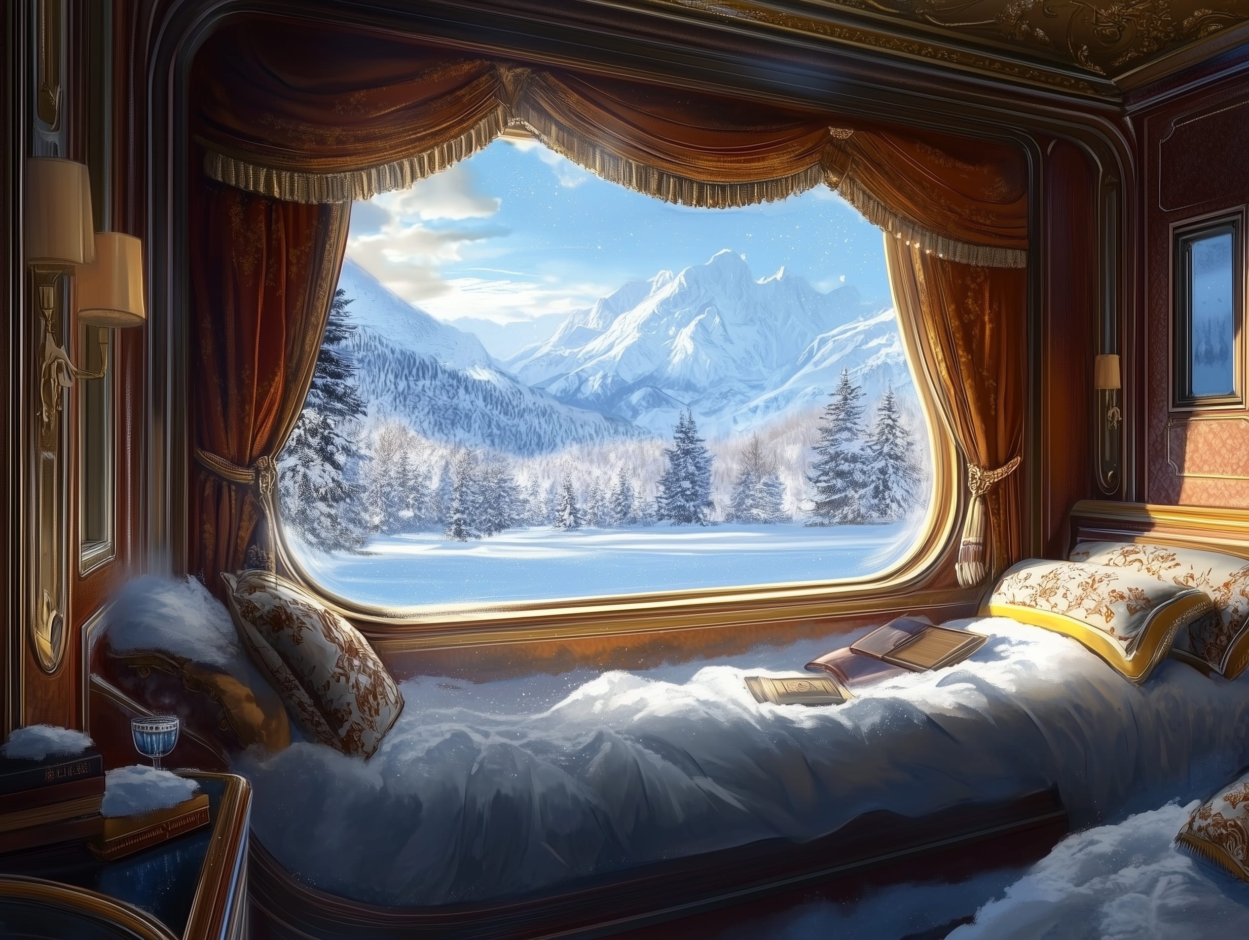 Luxurious train cabin with an ornate bed covered in snow, overlooking a winter landscape of snow-covered trees and distant mountains. The window frames the scenic view, offering luxury experiences that create unforgettable memories. A book and glass of water rest on the bed amid warm, golden decor.