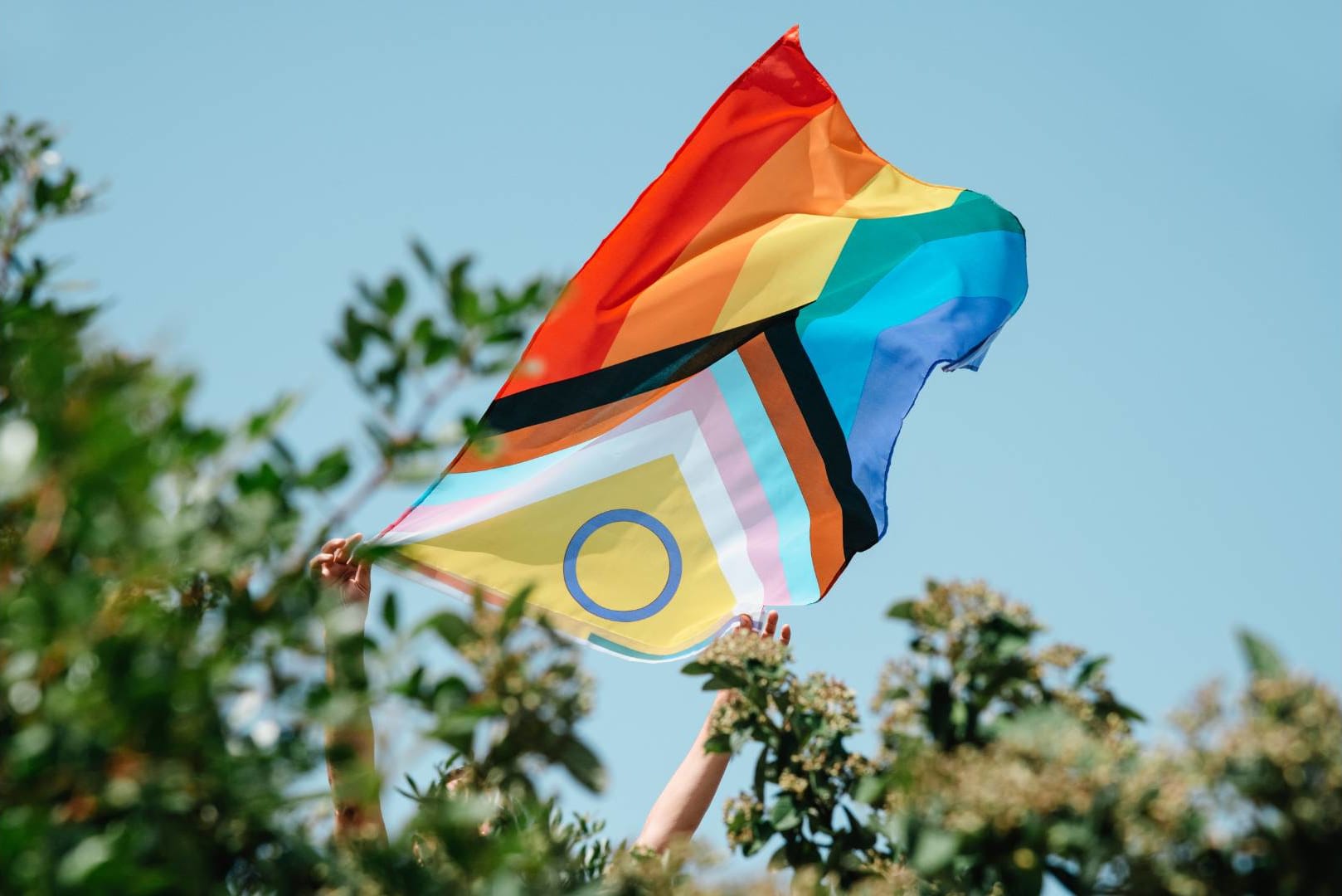 Amidst a backdrop of clear blue sky and framed by lush green foliage at the bottom, hands reach up in unison, holding a vibrant Pride flag aloft. This remarkable flag seamlessly blends the traditional rainbow colors with additional stripes representing transgender, intersex, and people of color communities. As it waves proudly in the breeze, it symbolizes unity and inclusiveness while celebrating Asian Pride Month. This scene beautifully encapsulates the spirit of traveling with pride and embracing diversity across all spectrums.