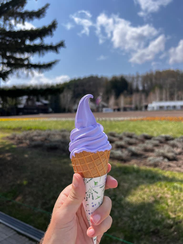 A hand holding a cone of lavender ice cream with a picturesque blue sky and greenery backdrop in Furano, essential for a sweet stop on a Hokkaido itinerary.