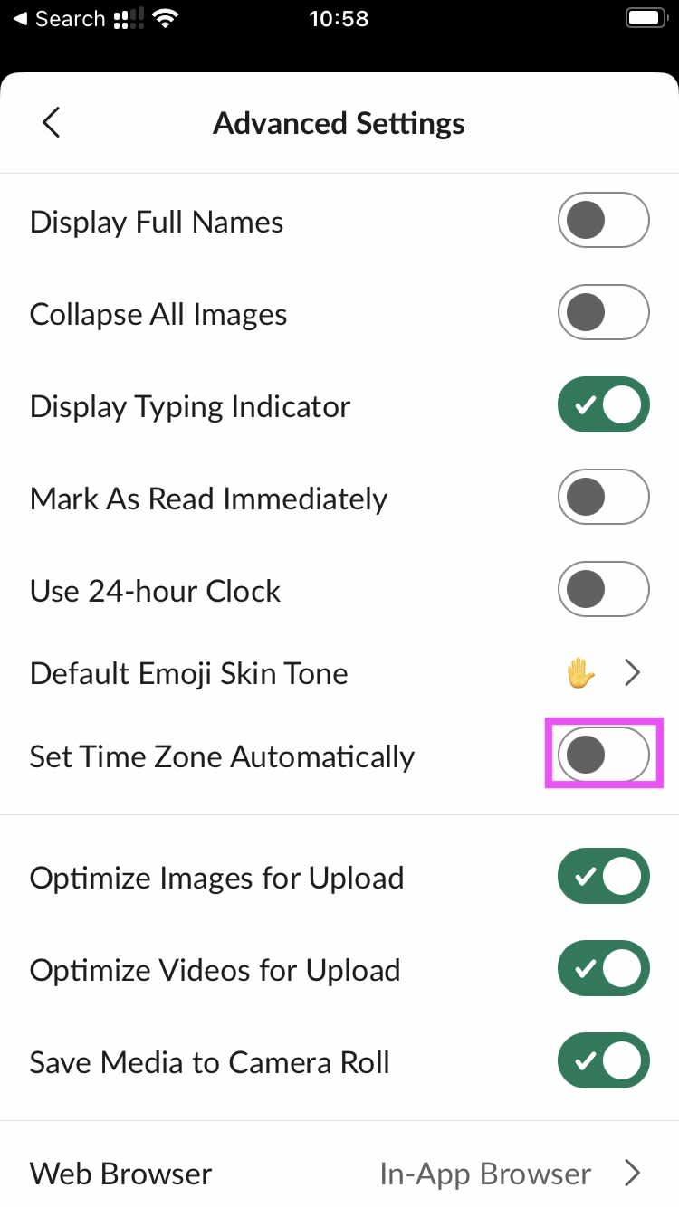 Advanced settings menu on a mobile messaging app showing the toggle to set the time zone automatically turned off, helping maintain the appearance of working from the usual location to a boss while abroad.