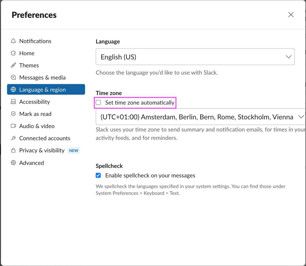 Preferences pane from a desktop messaging app with the option to set the time zone automatically unchecked, set to Amsterdam, enabling a user to work from different locations abroad without informing their boss.