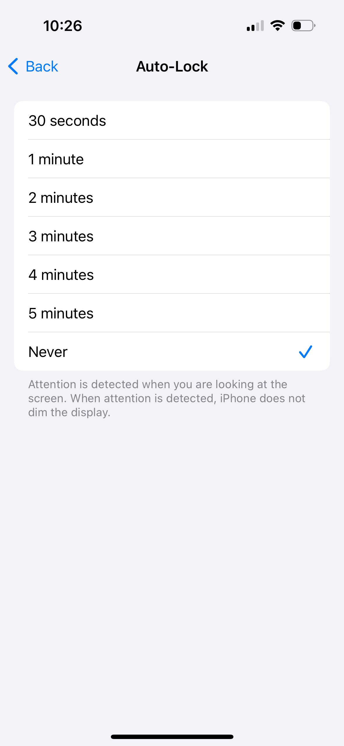 Screenshot of an iPhone Auto-Lock setting screen, with 'Never' selected, preventing the phone from locking automatically. Perfect for online content on how to keep your device on while 'pretending to work.'