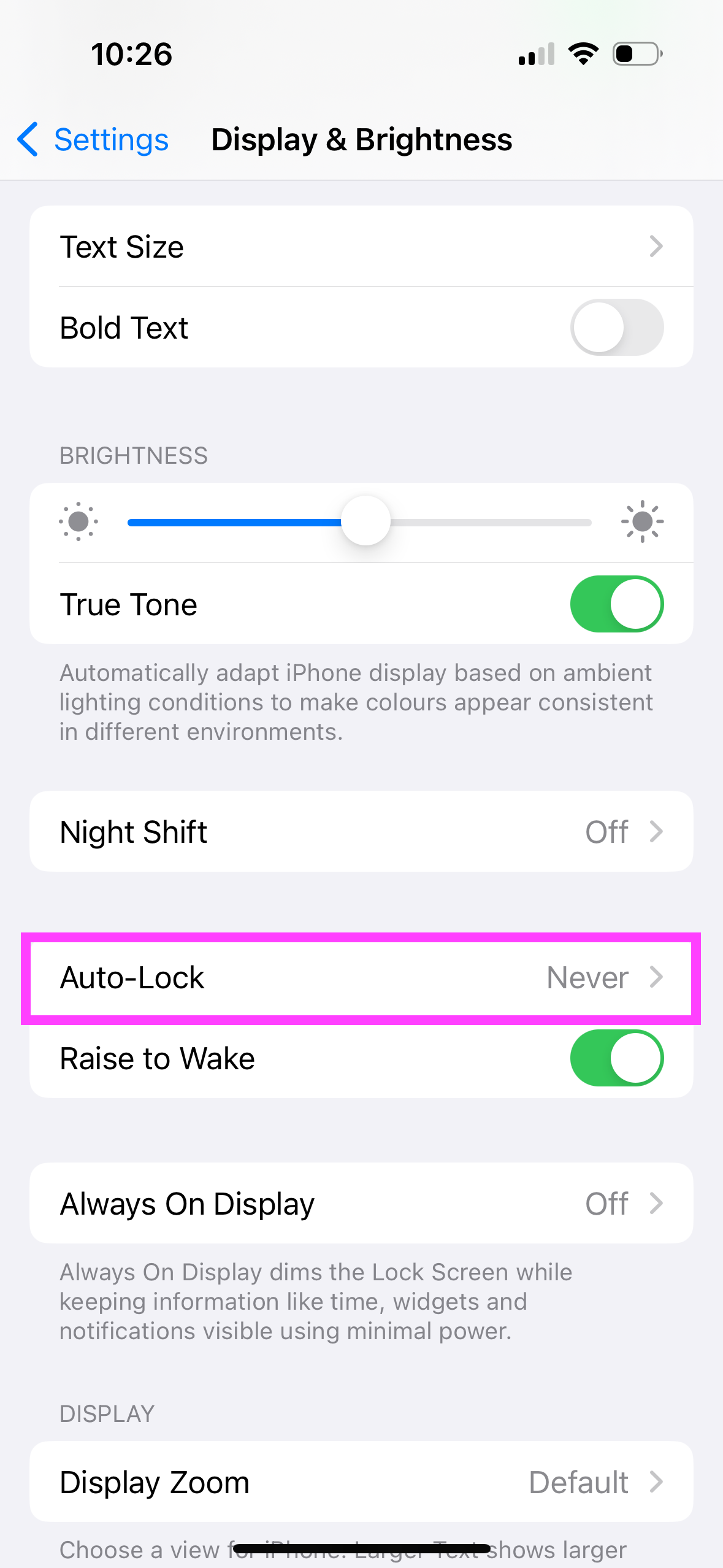 Settings menu on an iPhone highlighting 'Auto-Lock' set to 'Never' in the 'Display & Brightness' section, showcasing how to disable automatic screen lock. Suitable for articles about staying online while 'pretending to work.'