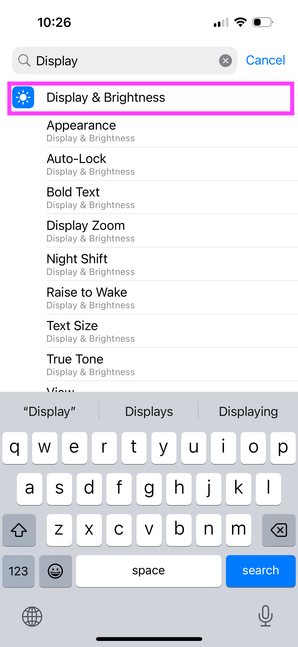 An iPhone search bar within the 'Settings' app, displaying 'Display & Brightness' among the search results, for articles on tweaking display settings while 'pretending to work'