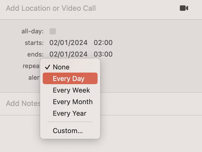 Dropdown menu within an event detail in iCal showing 'None' checked with options including 'Every Day' in red, indicating a selection for repeating an event—excellent for tutorials on setting recurring events.